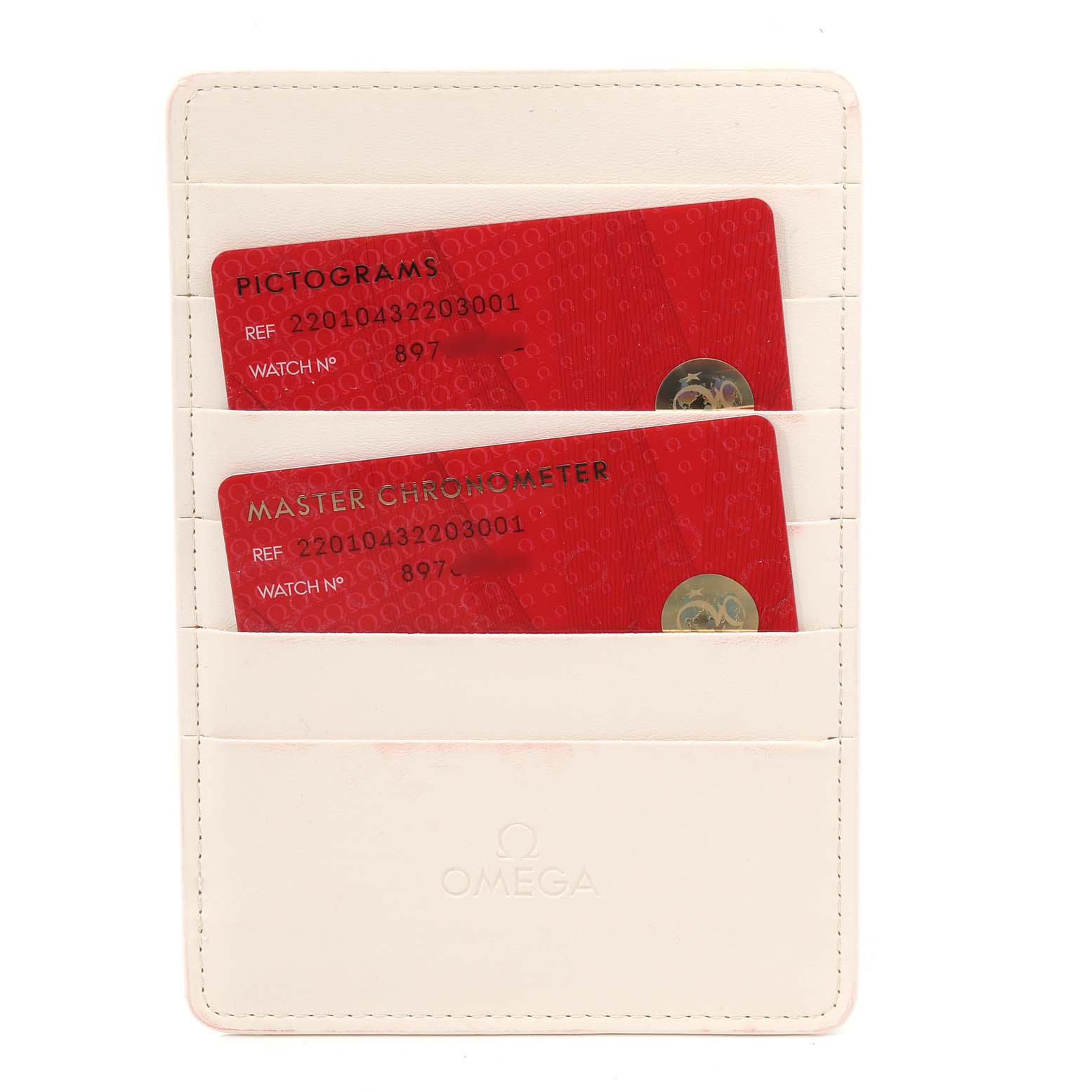 The image shows Omega Aqua Terra 220.10.43.22.03.001 Men's Stainless Steel Blue Dial 220.10.43.22.03.001 Men's Stainless Steel Blue Dial model warranty cards in a white holder with embossed brand logo.