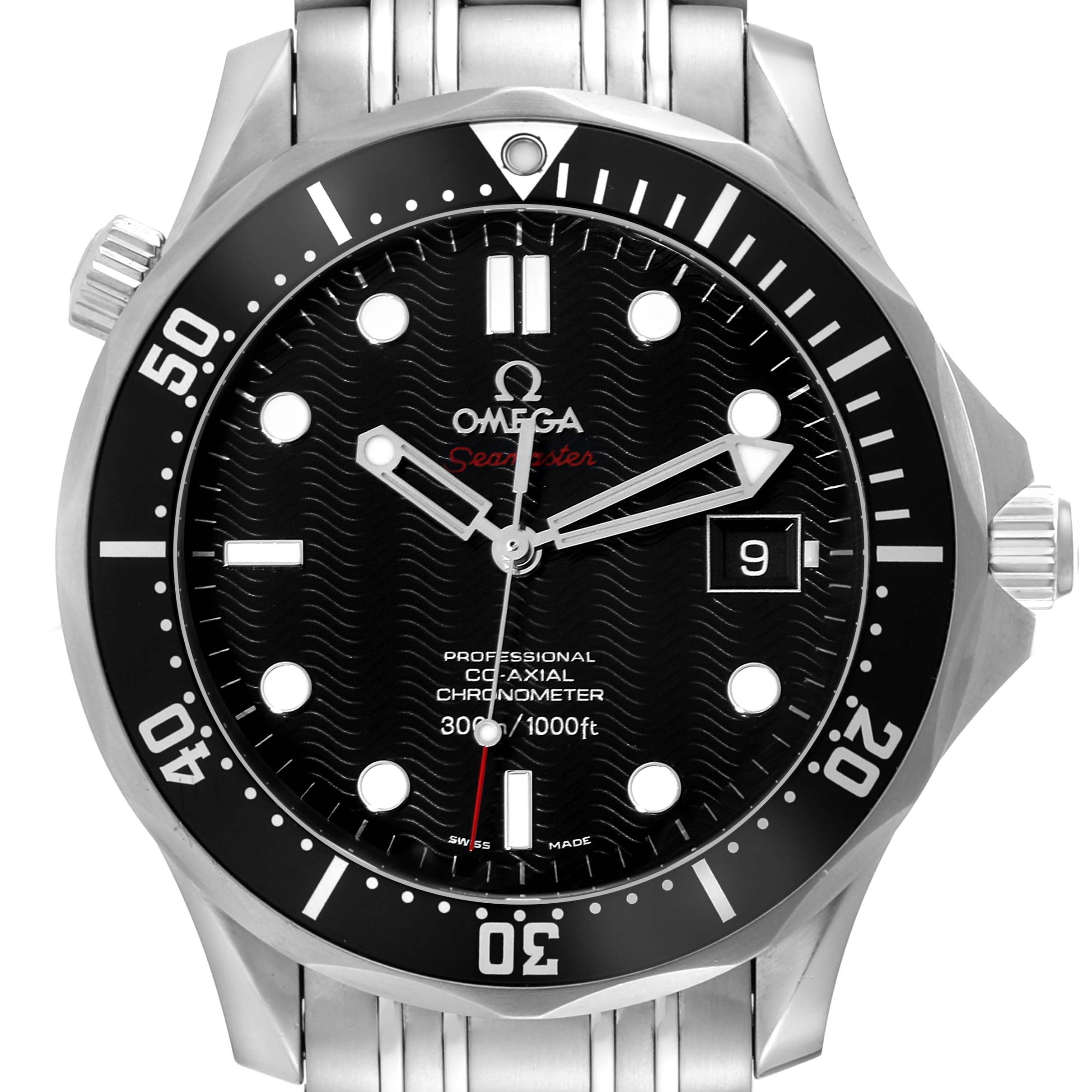 The image shows a front view of the Omega Seamaster 212.30.41.20.01.002 Men
s Stainless Steel Black Dial 212.30.41.20.01.002 Men
s Stainless Steel Black Dial watch, highlighting its dial, bezel, hands, and bracelet.