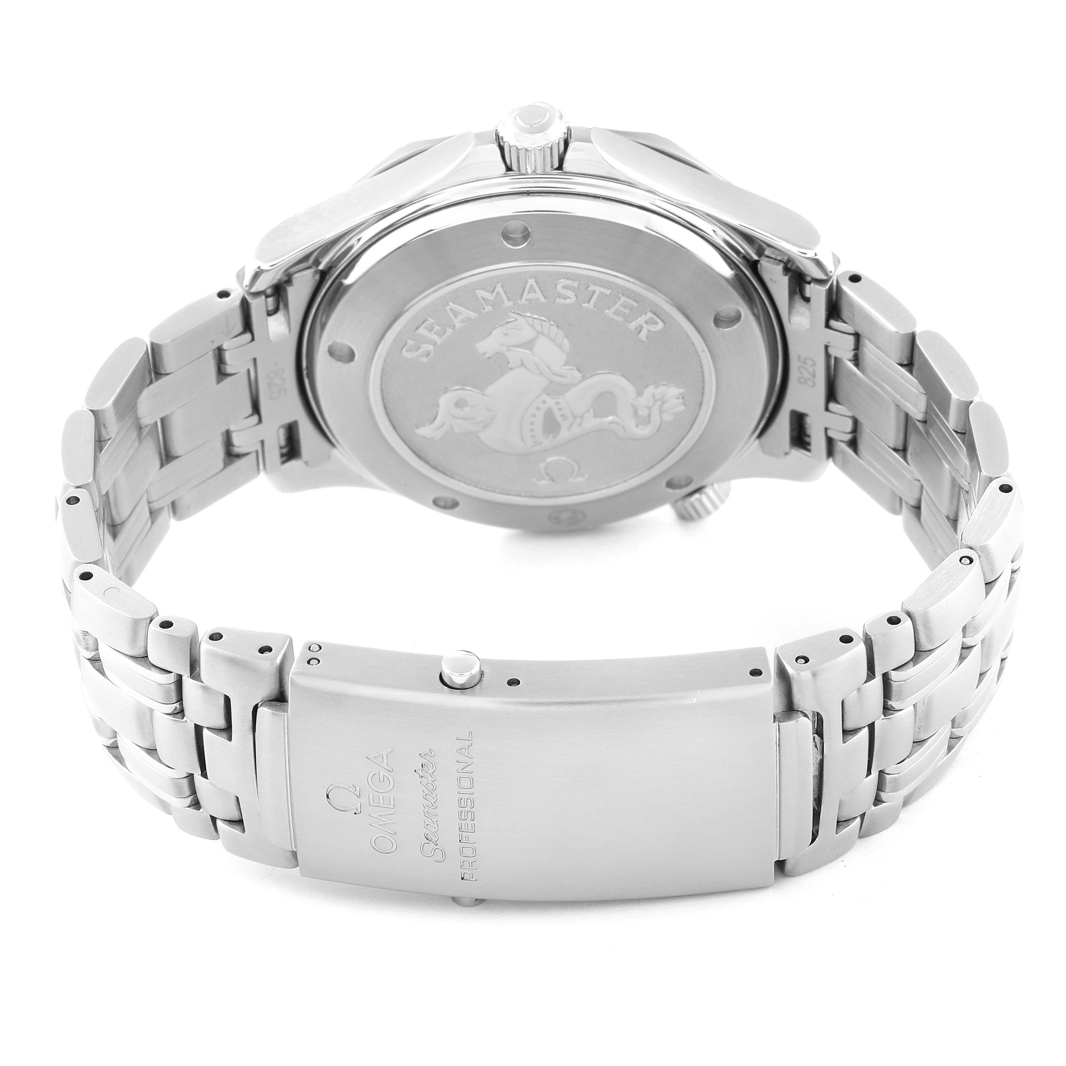 The image shows the back case and bracelet clasp of an Omega Seamaster 212.30.41.20.01.002 Men
s Stainless Steel Black Dial 212.30.41.20.01.002 Men
s Stainless Steel Black Dial watch, highlighting the engraved logo and branding.