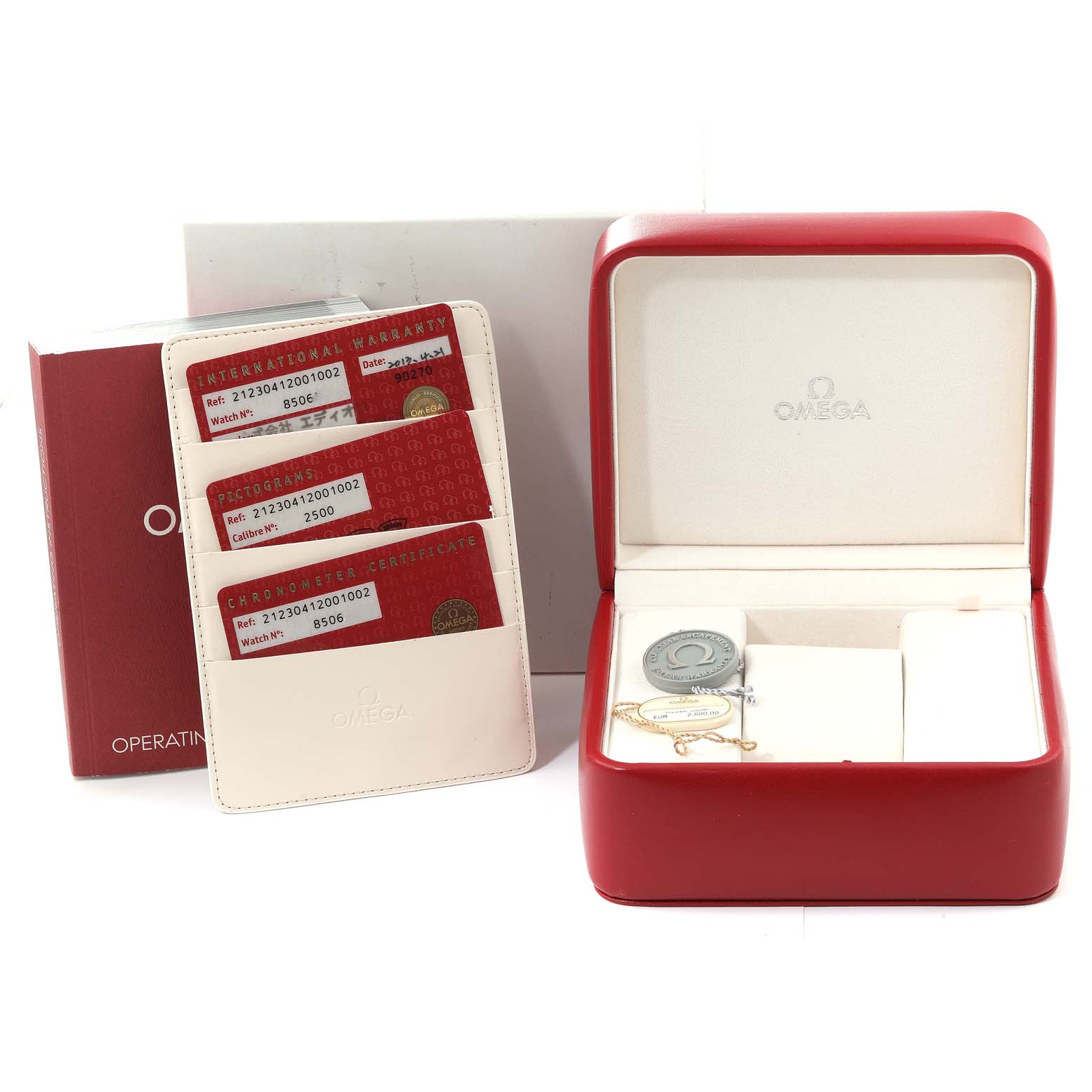 The image shows an Omega Seamaster 212.30.41.20.01.002 Men
s Stainless Steel Black Dial 212.30.41.20.01.002 Men
s Stainless Steel Black Dial watch
s operating instructions, warranty cards, certificate, and the watch box.