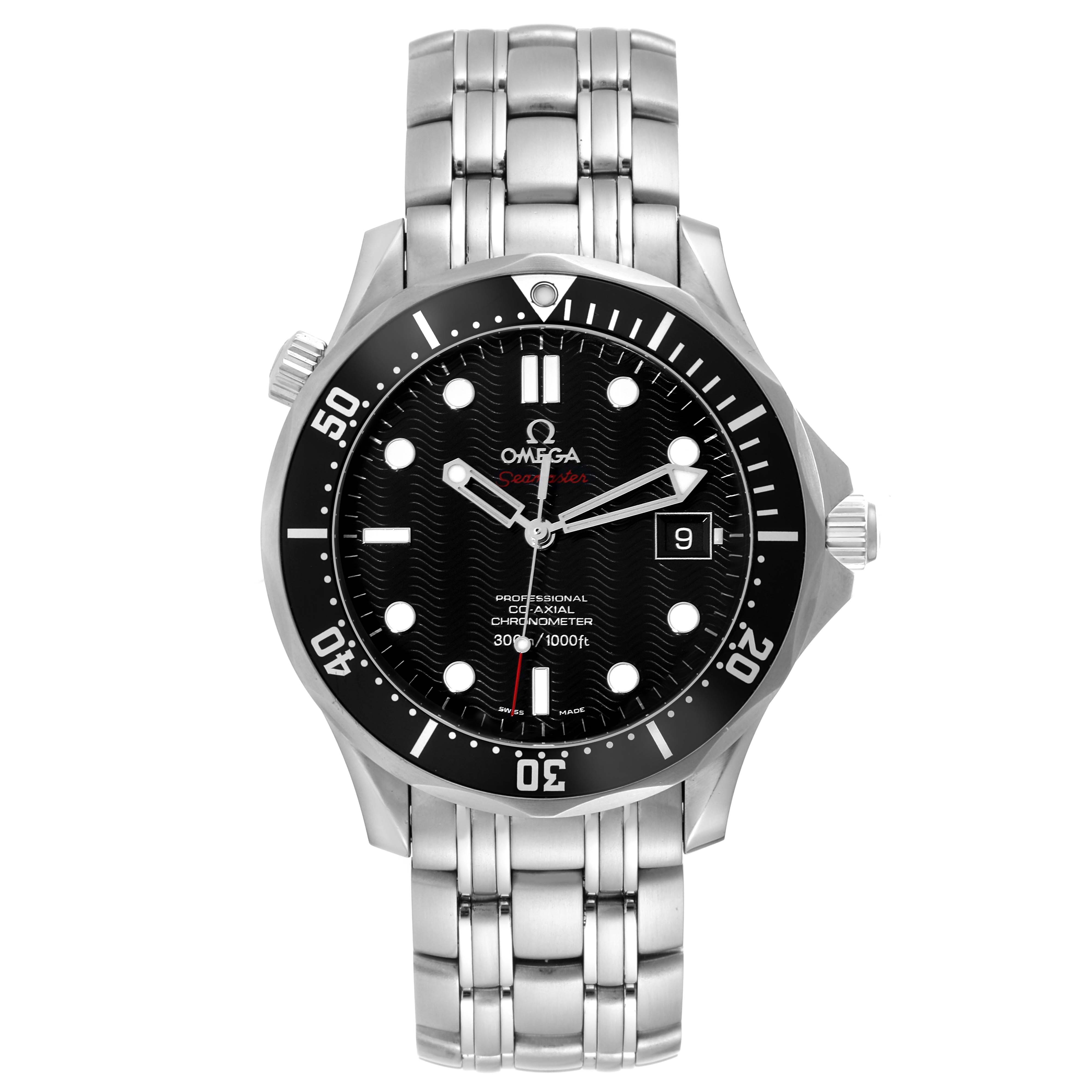 This image shows a front view of the Omega Seamaster 212.30.41.20.01.002 Men
s Stainless Steel Black Dial 212.30.41.20.01.002 Men
s Stainless Steel Black Dial watch, displaying the dial, bezel, hands, and bracelet.