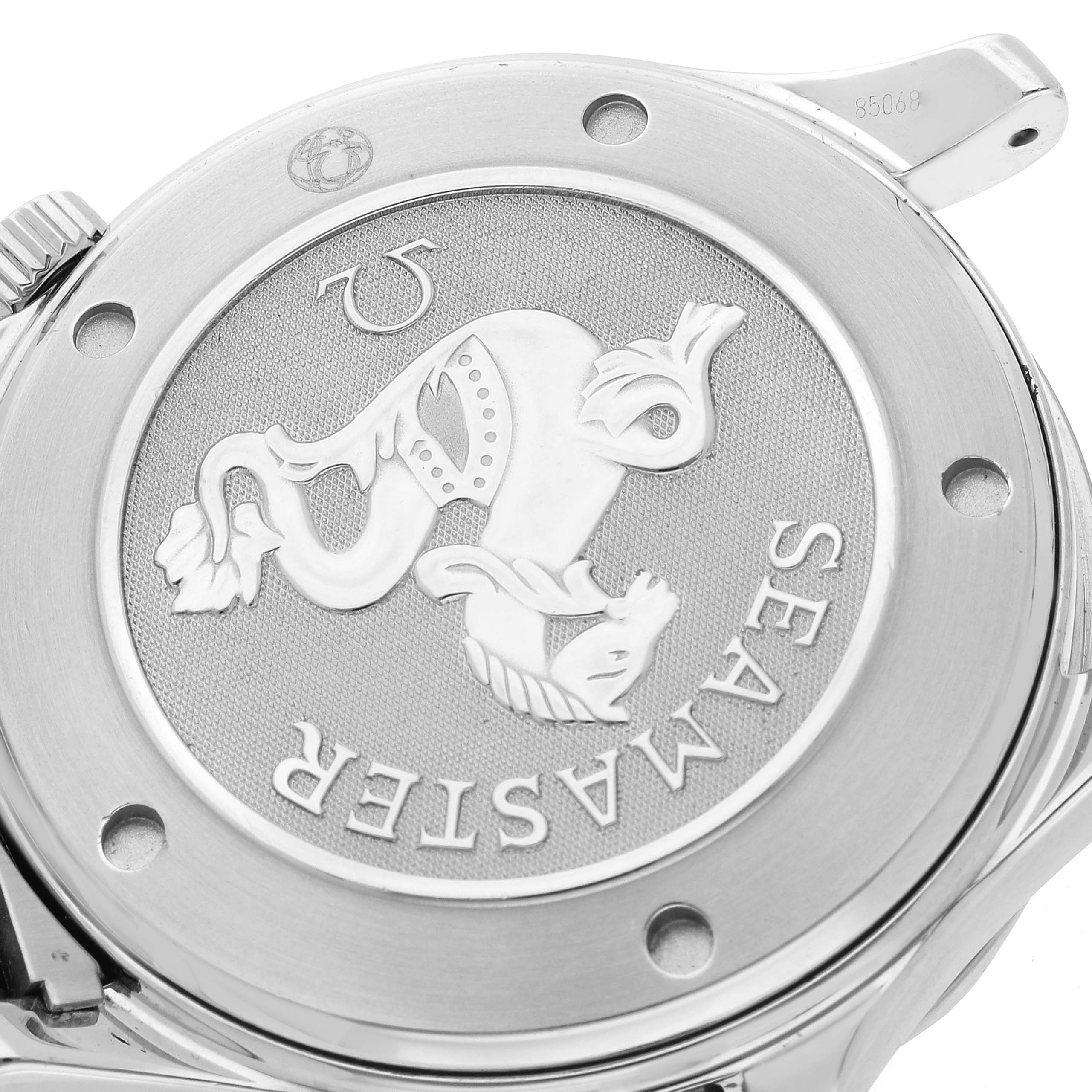 The image shows the case back of the Omega Seamaster 212.30.41.20.01.002 Men
s Stainless Steel Black Dial 212.30.41.20.01.002 Men
s Stainless Steel Black Dial watch with its logo and engravings visible.