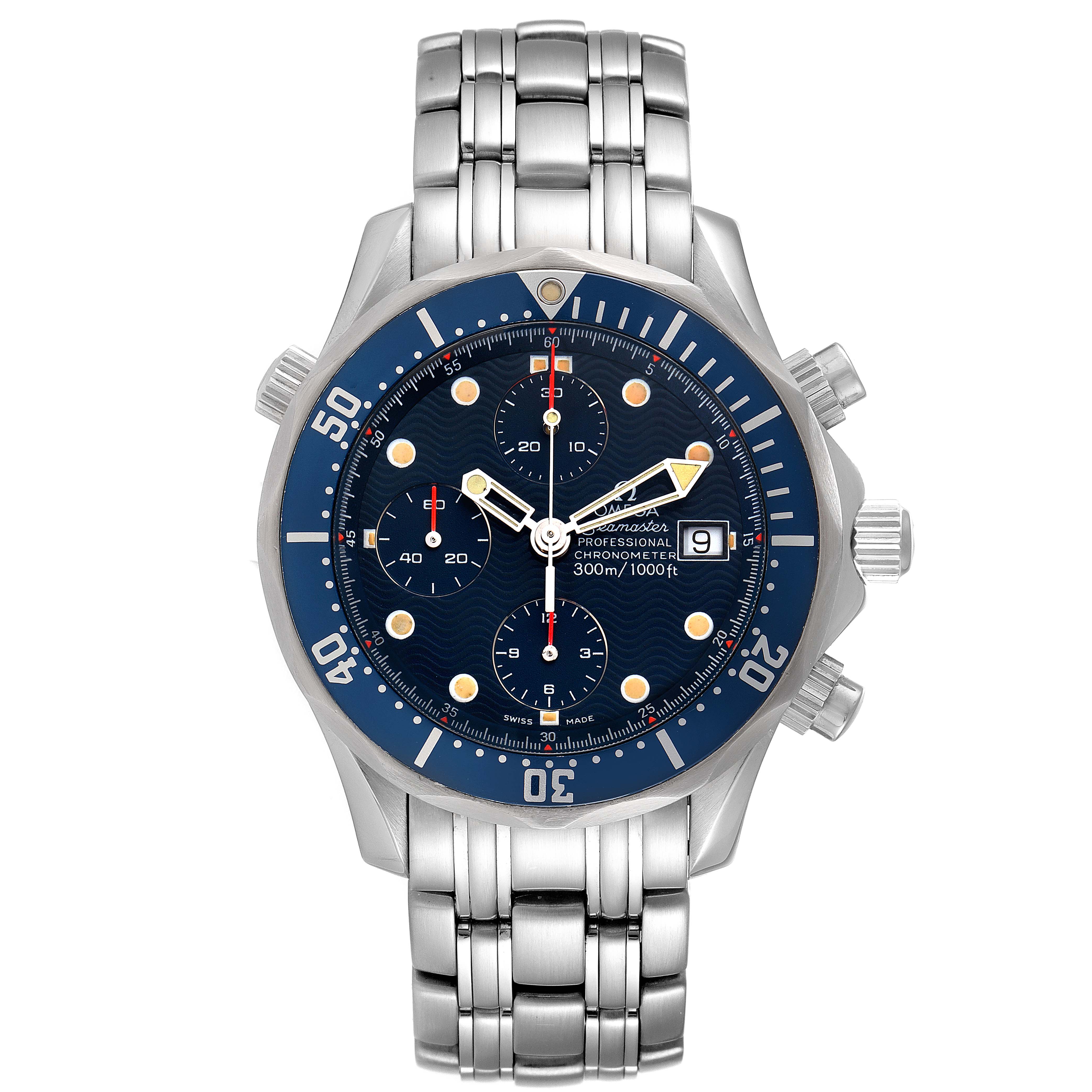 This image shows a front view of an Omega Seamaster 2599.80.00 Men's Stainless Steel Blue Dial 2599.80.00 Men's Stainless Steel Blue Dial watch highlighting its blue dial, bezel, and stainless steel bracelet.