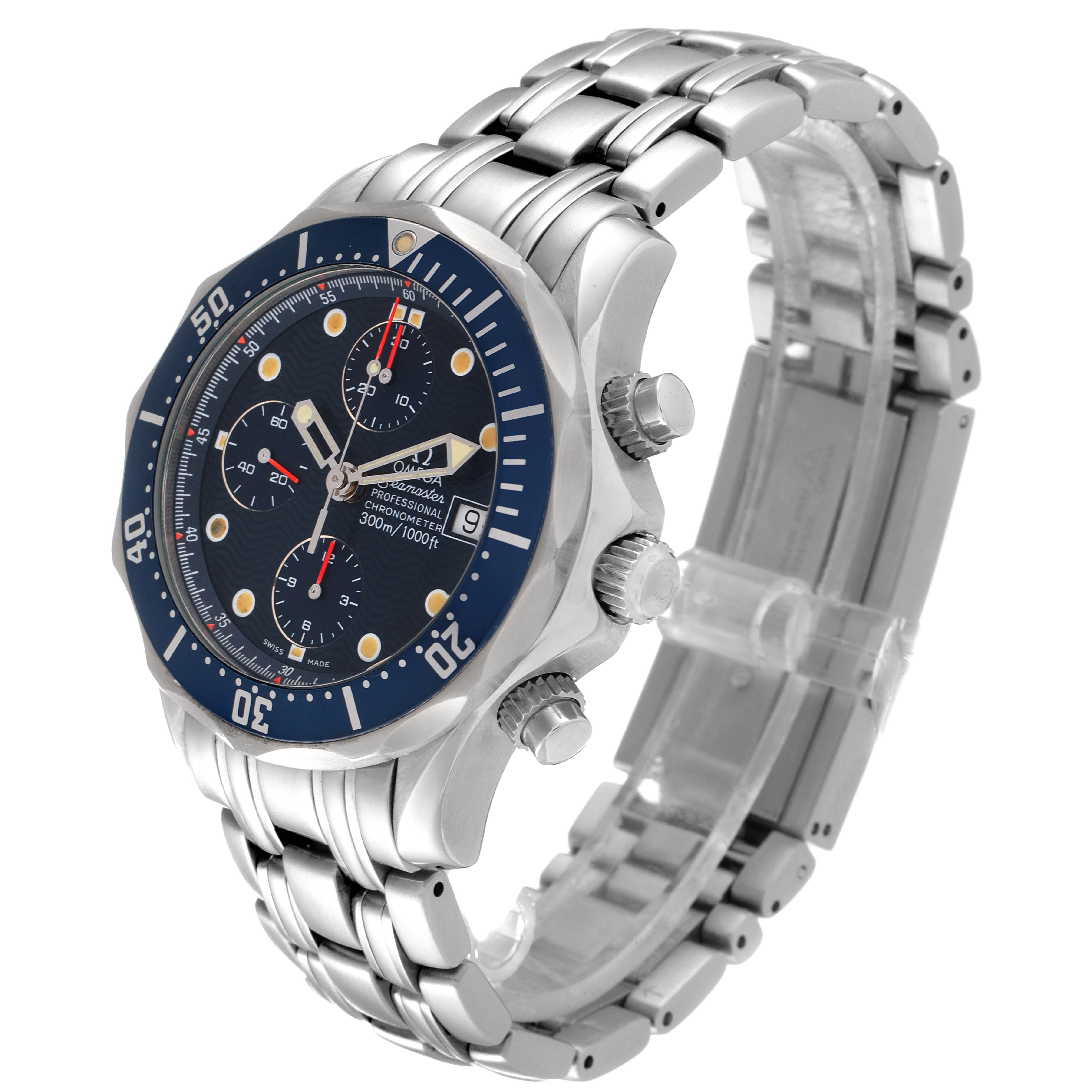 The image shows an Omega Seamaster 2599.80.00 Men's Stainless Steel Blue Dial 2599.80.00 Men's Stainless Steel Blue Dial watch at a three-quarter angle, highlighting its bezel, dial, chronograph sub-dials, and bracelet.
