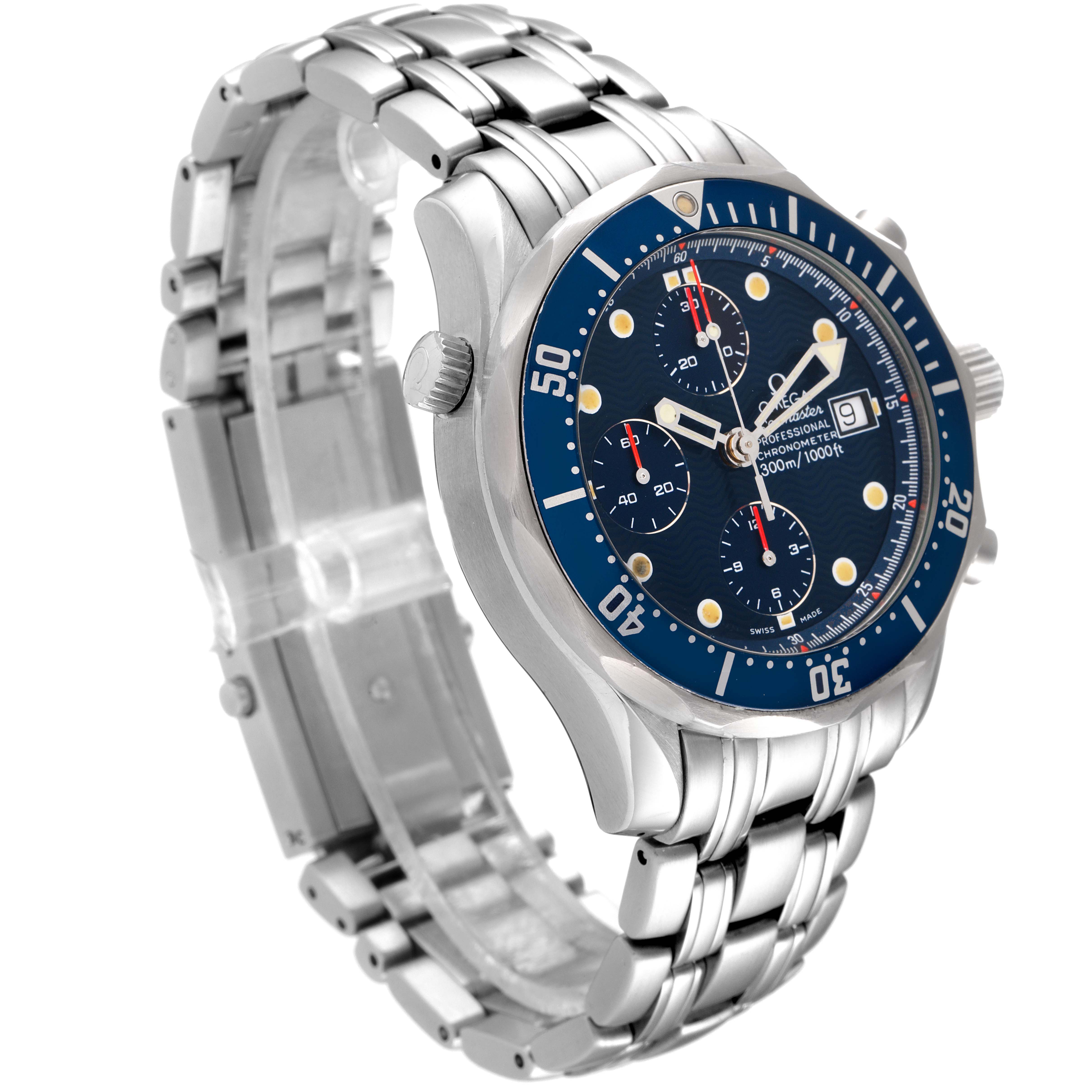The Omega Seamaster 2599.80.00 Men's Stainless Steel Blue Dial 2599.80.00 Men's Stainless Steel Blue Dial watch is shown at an angled view, highlighting its blue dial, bracelet, and chronograph features.