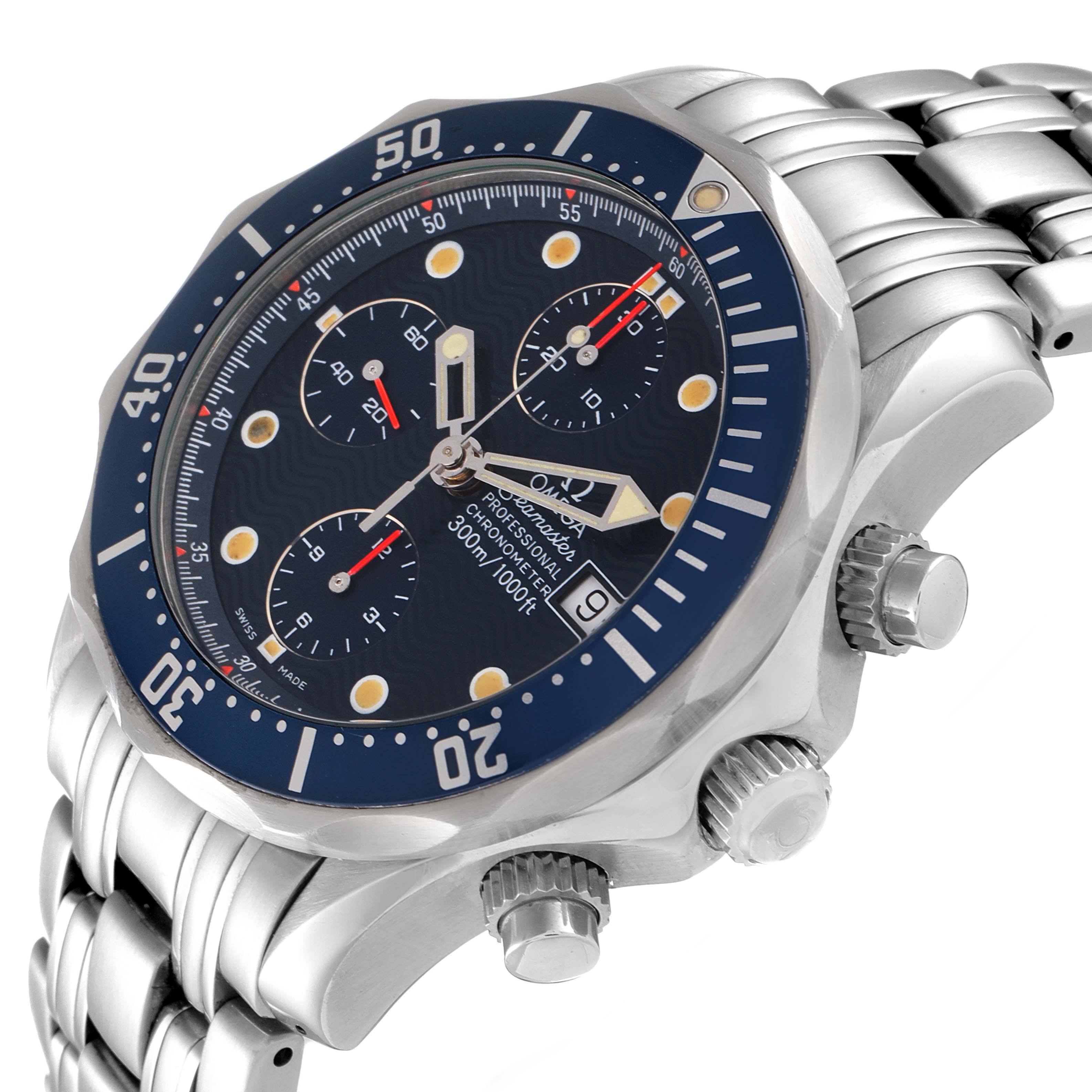 The Omega Seamaster 2599.80.00 Men's Stainless Steel Blue Dial 2599.80.00 Men's Stainless Steel Blue Dial watch is shown at an angle highlighting its dial, bezel, crown, and chronograph buttons.