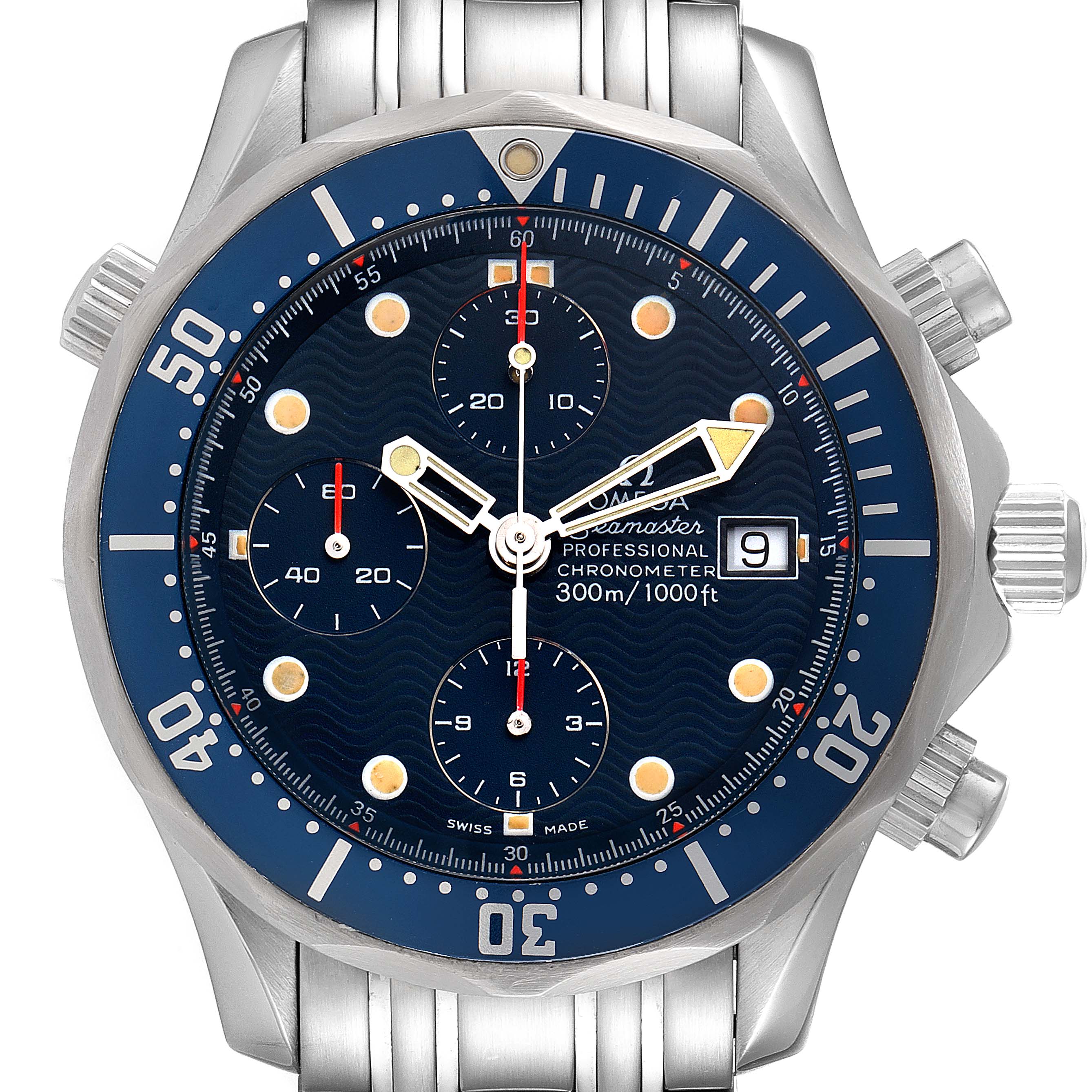 This image shows a close-up of the Omega Seamaster 2599.80.00 Men's Stainless Steel Blue Dial 2599.80.00 Men's Stainless Steel Blue Dial model, highlighting the bezel, dial, sub-dials, and watch hands.