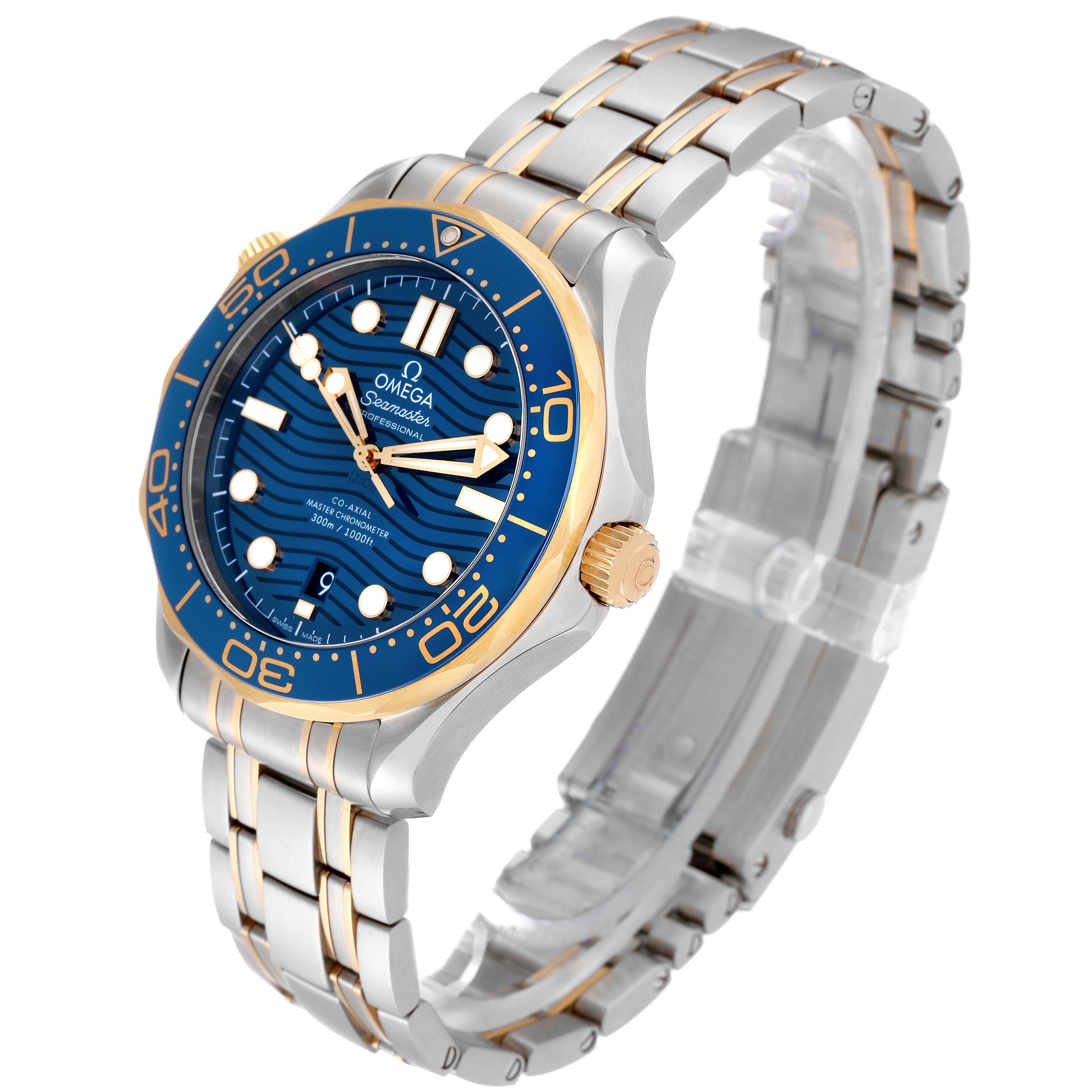 The Omega Seamaster 210.20.42.20.03.001 Men's Steel and Gold (two tone) Blue Dial 210.20.42.20.03.001 Men's Steel and Gold (two tone) Blue Dial watch is shown at a three-quarter angle, highlighting its blue dial, bezel, and two-tone metal bracelet.