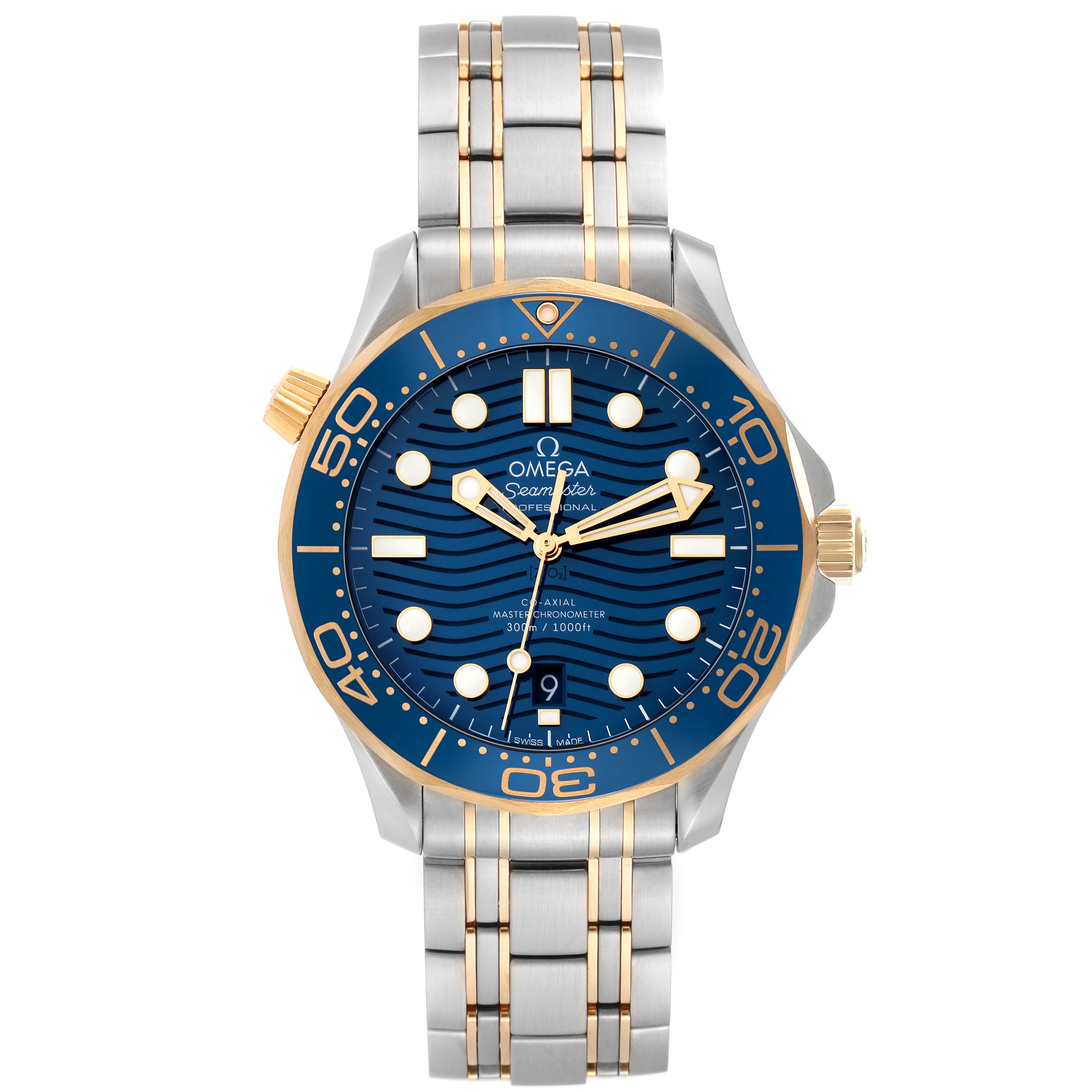 The Omega Seamaster 210.20.42.20.03.001 Men's Steel and Gold (two tone) Blue Dial 210.20.42.20.03.001 Men's Steel and Gold (two tone) Blue Dial watch is shown from a top-down view, displaying its face, bezel, crown, and two-tone metal bracelet.