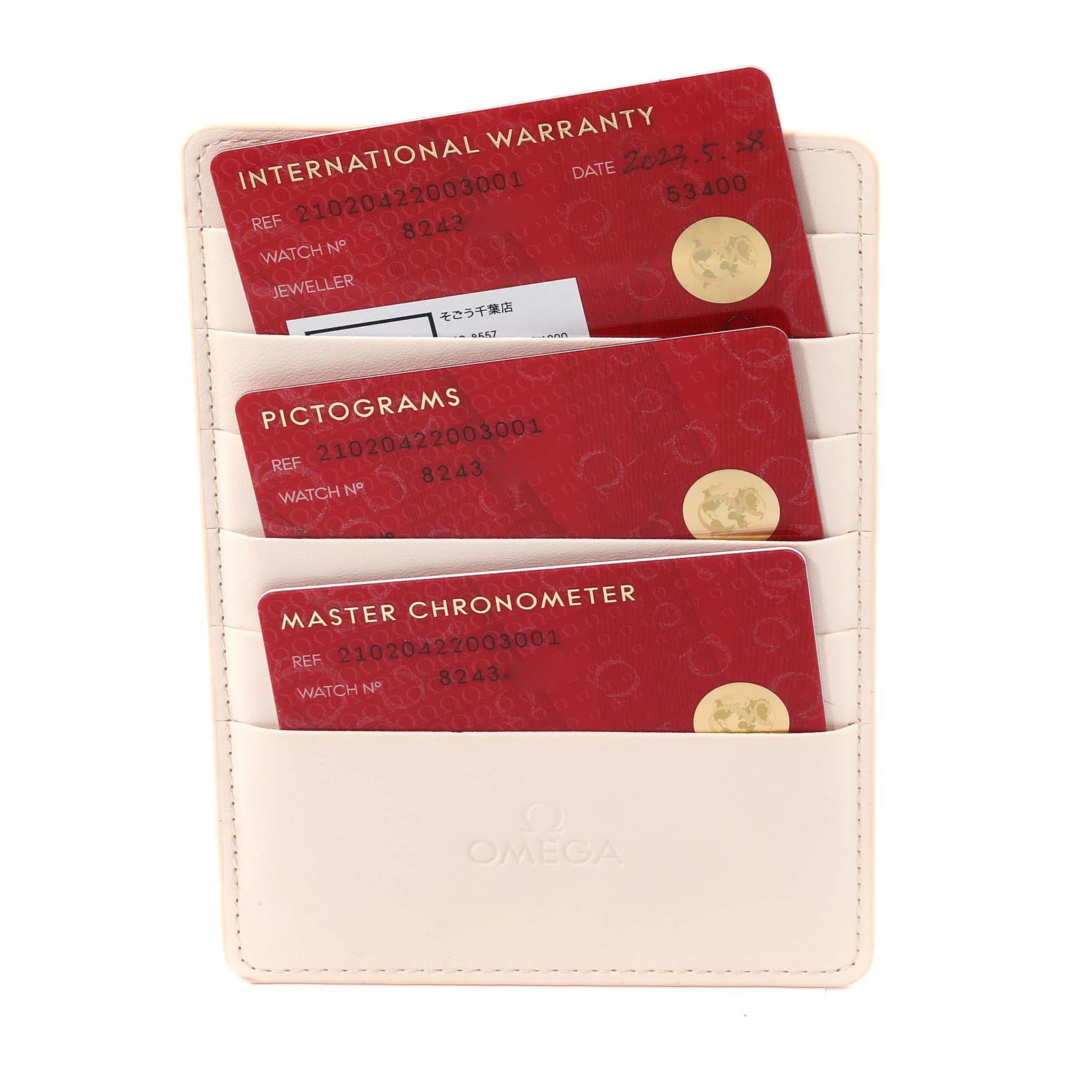 The image shows warranty cards and certifications for the Omega Seamaster 210.20.42.20.03.001 Men's Steel and Gold (two tone) Blue Dial 210.20.42.20.03.001 Men's Steel and Gold (two tone) Blue Dial watch in a white cardholder.