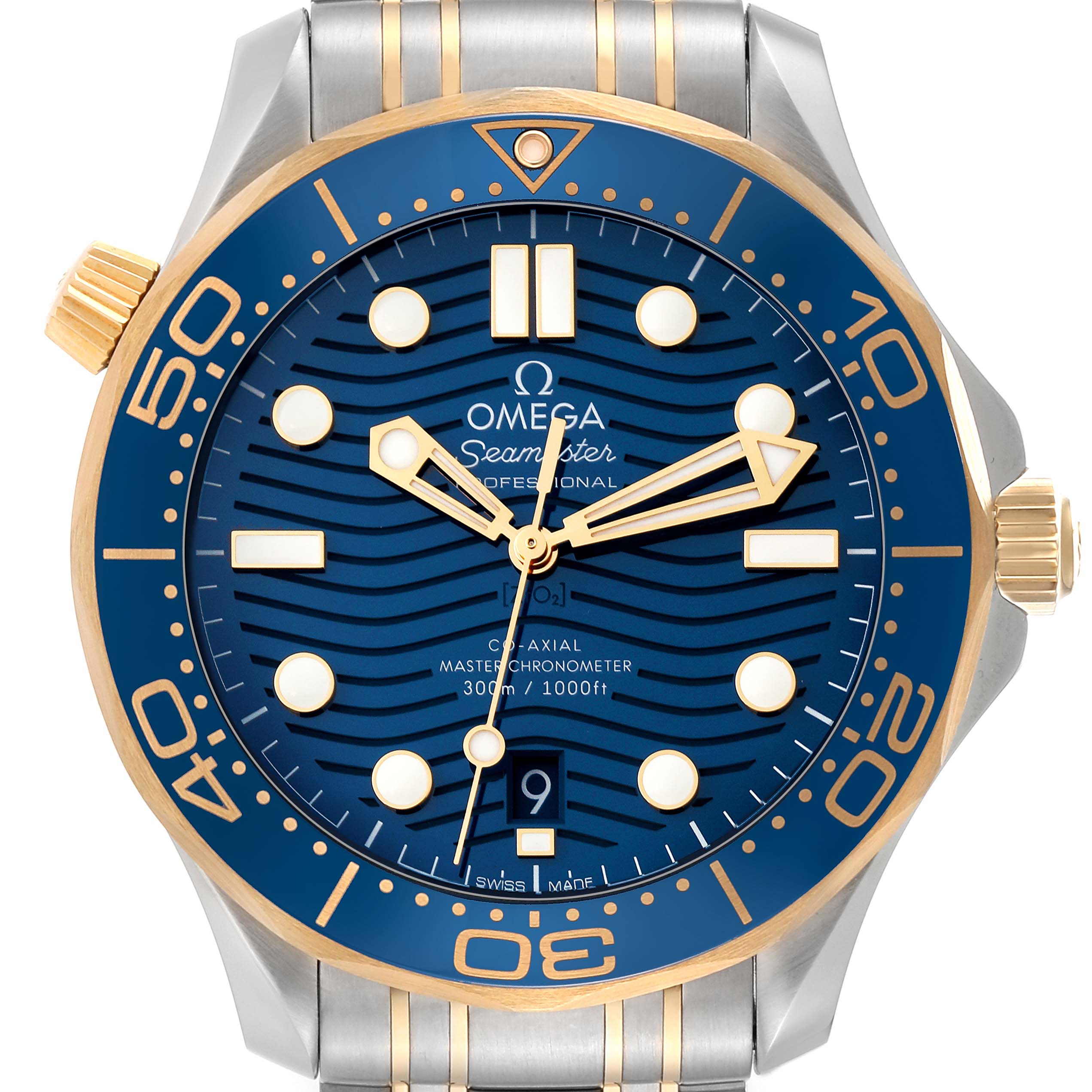 The image shows a front view of an Omega Seamaster 210.20.42.20.03.001 Men's Steel and Gold (two tone) Blue Dial 210.20.42.20.03.001 Men's Steel and Gold (two tone) Blue Dial watch, highlighting the blue dial, gold accents, and bezel design.