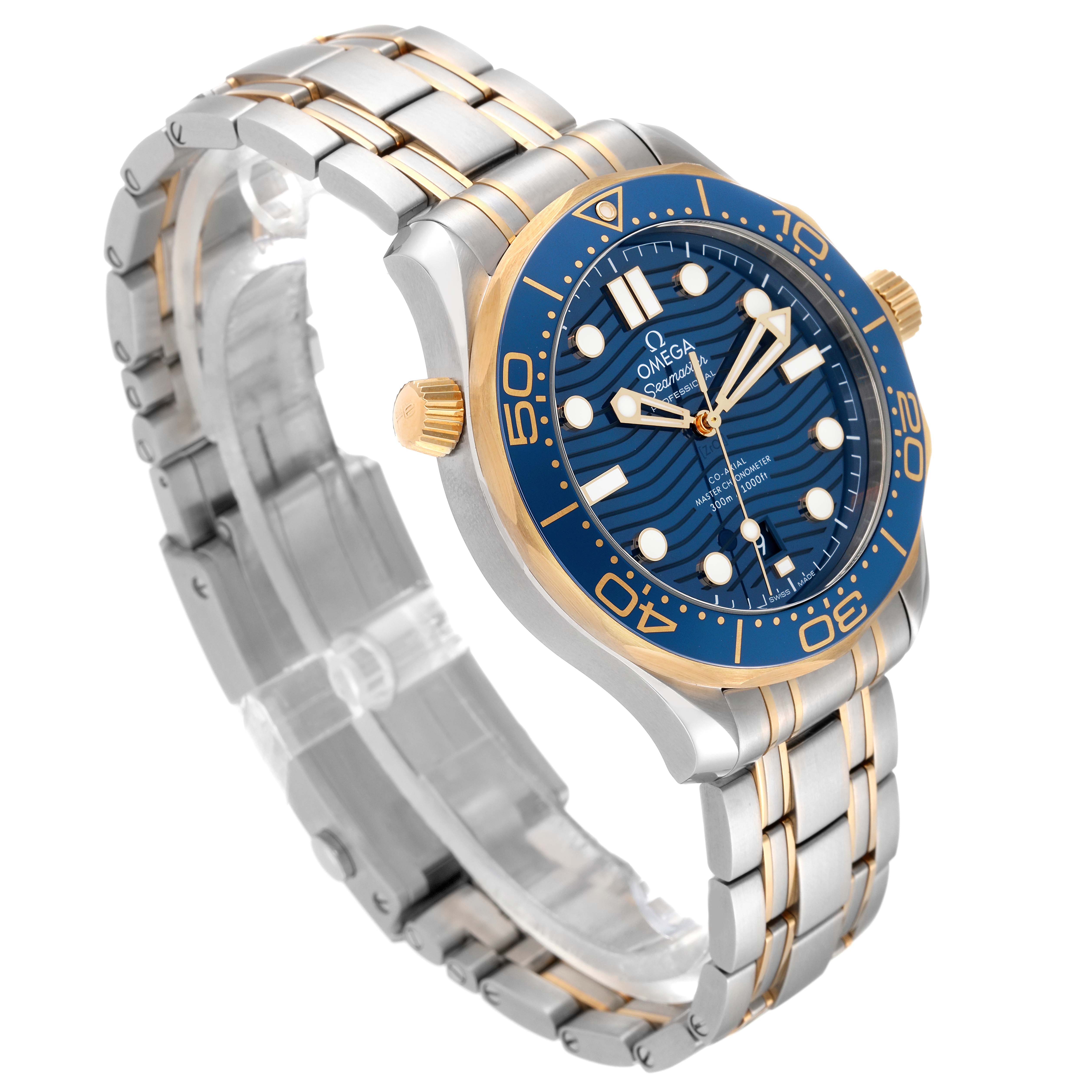 The image shows a side-angle view of the Omega Seamaster 210.20.42.20.03.001 Men's Steel and Gold (two tone) Blue Dial 210.20.42.20.03.001 Men's Steel and Gold (two tone) Blue Dial watch, highlighting the bezel, dial, hands, and part of the bracelet.