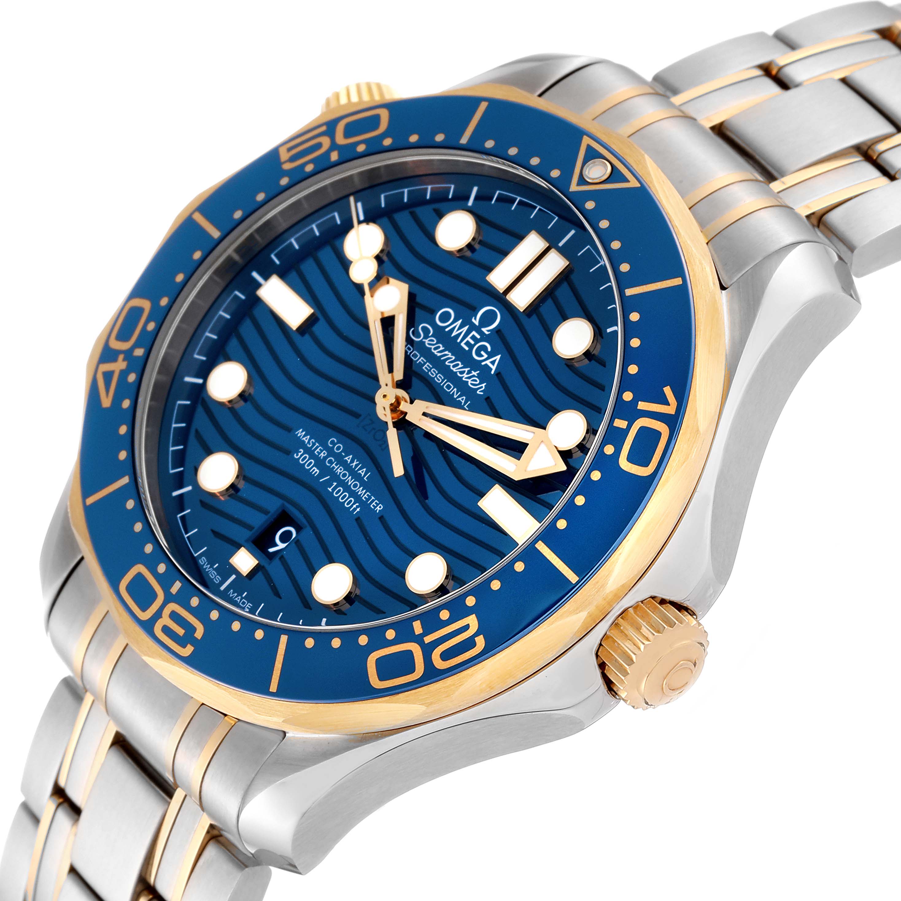 This image shows a close-up angled view of the Omega Seamaster 210.20.42.20.03.001 Men's Steel and Gold (two tone) Blue Dial 210.20.42.20.03.001 Men's Steel and Gold (two tone) Blue Dial watch, highlighting the blue dial, bezel, and metal bracelet.