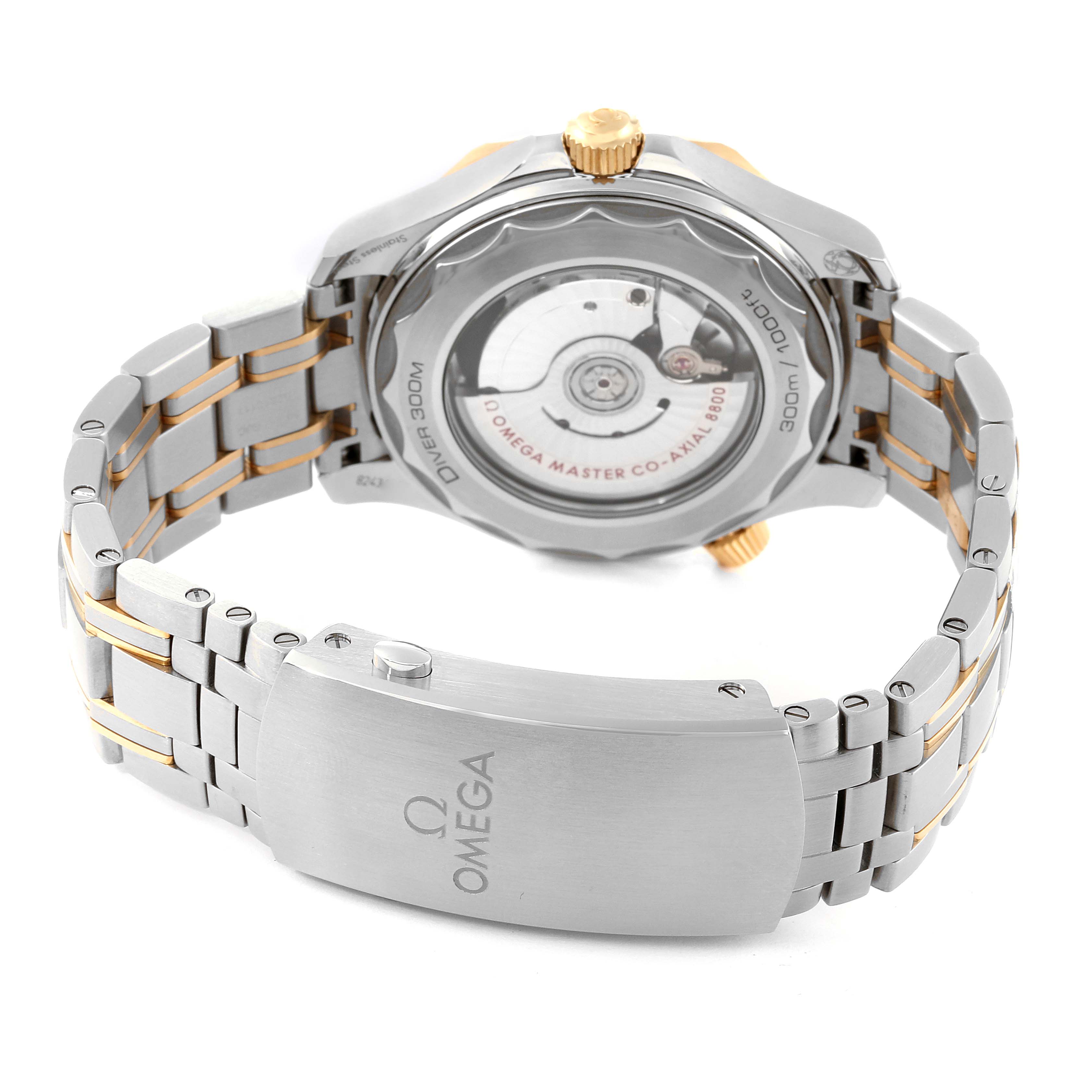 The image shows the back case, bracelet, and clasp of an Omega Seamaster 210.20.42.20.03.001 Men's Steel and Gold (two tone) Blue Dial 210.20.42.20.03.001 Men's Steel and Gold (two tone) Blue Dial watch.