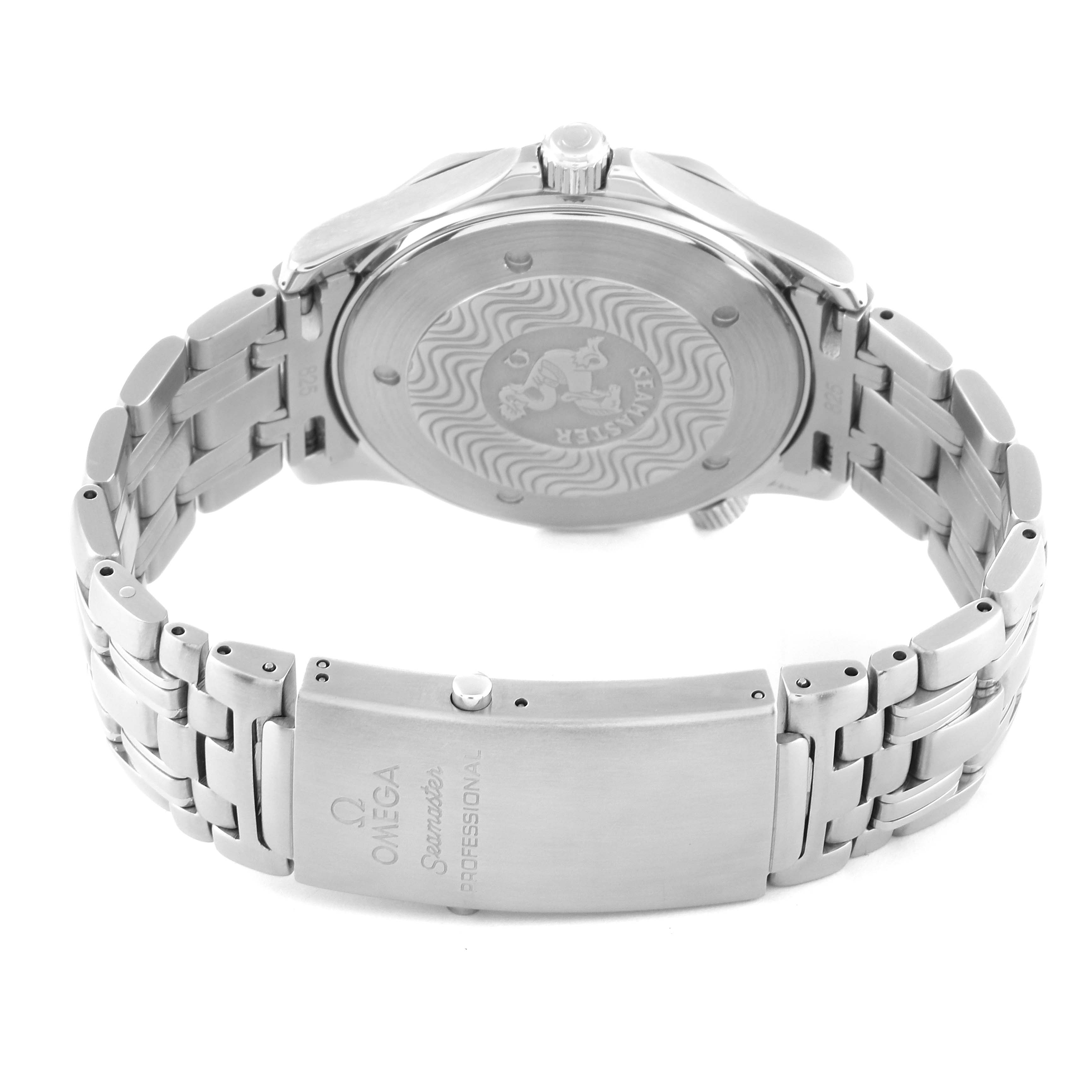 The image shows the back case and clasp of an Omega Seamaster 2541.80.00 Men
s Stainless Steel Blue Dial 2541.80.00 Men
s Stainless Steel Blue Dial watch, highlighting the bracelet and engraved case back.