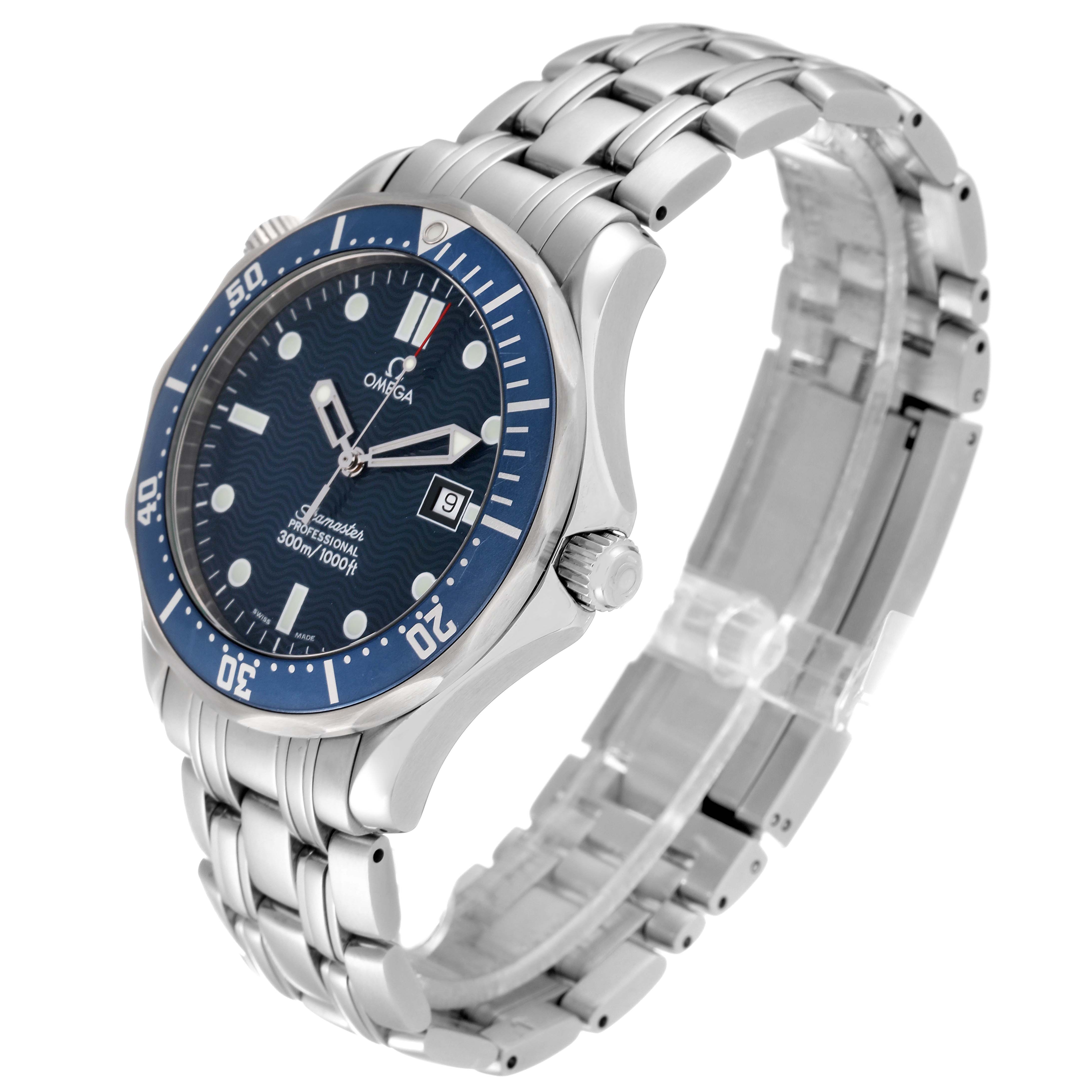 The image shows a side-angle view of an Omega Seamaster 2541.80.00 Men
s Stainless Steel Blue Dial 2541.80.00 Men
s Stainless Steel Blue Dial watch featuring the face, bezel, crown, and stainless steel bracelet.