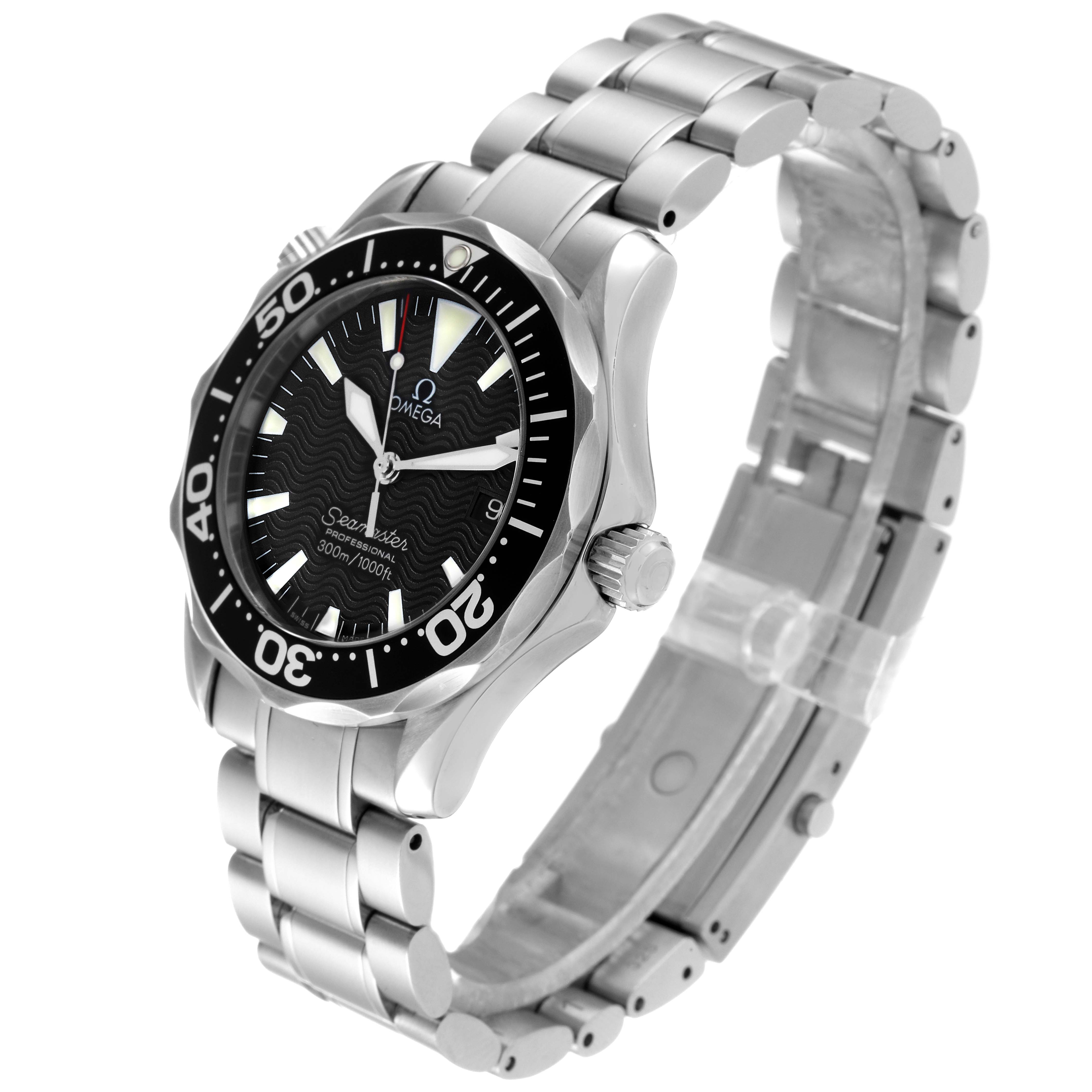 The image showcases an Omega Seamaster 2262.50.00 Men
s Stainless Steel Black Dial 2262.50.00 Men
s Stainless Steel Black Dial watch at an angled view, highlighting its face, bezel, crown, and metal bracelet.