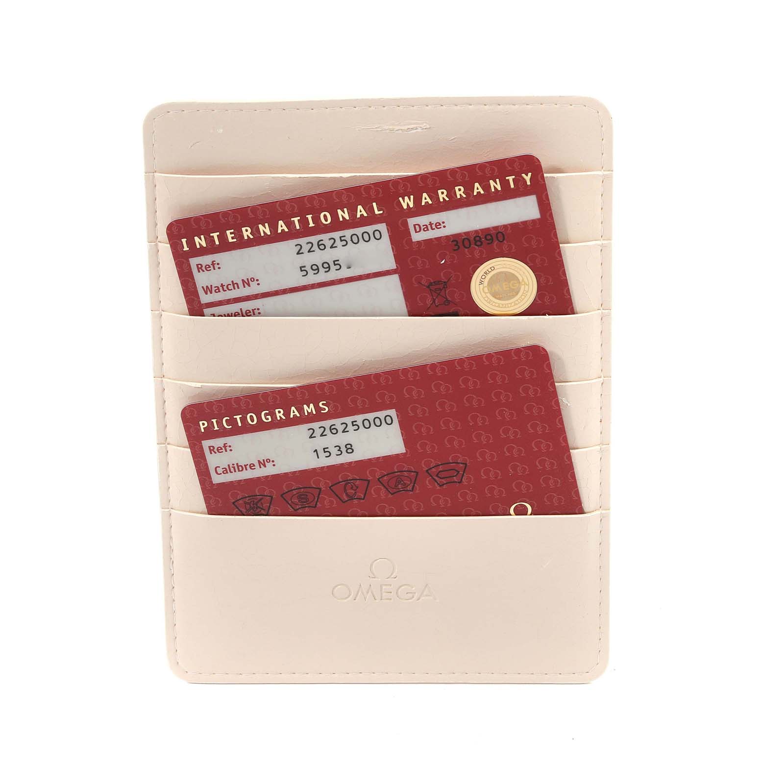 The image shows an Omega cardholder with International Warranty and Pictograms cards for the Omega Seamaster 2262.50.00 Men
s Stainless Steel Black Dial 2262.50.00 Men
s Stainless Steel Black Dial model.