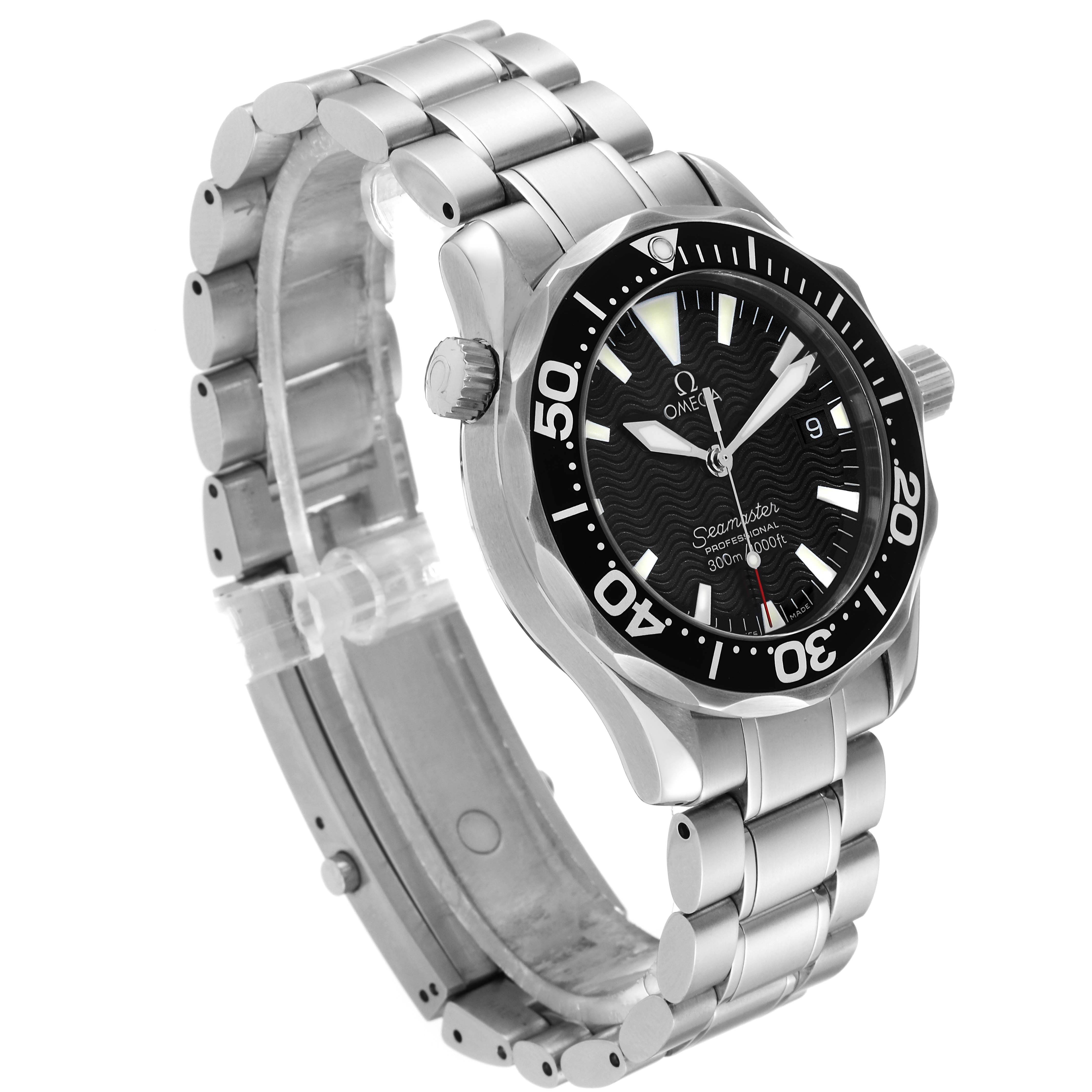 The image shows an Omega Seamaster 2262.50.00 Men
s Stainless Steel Black Dial 2262.50.00 Men
s Stainless Steel Black Dial watch from a three-quarter angle, displaying the face, bezel, crown, and bracelet.