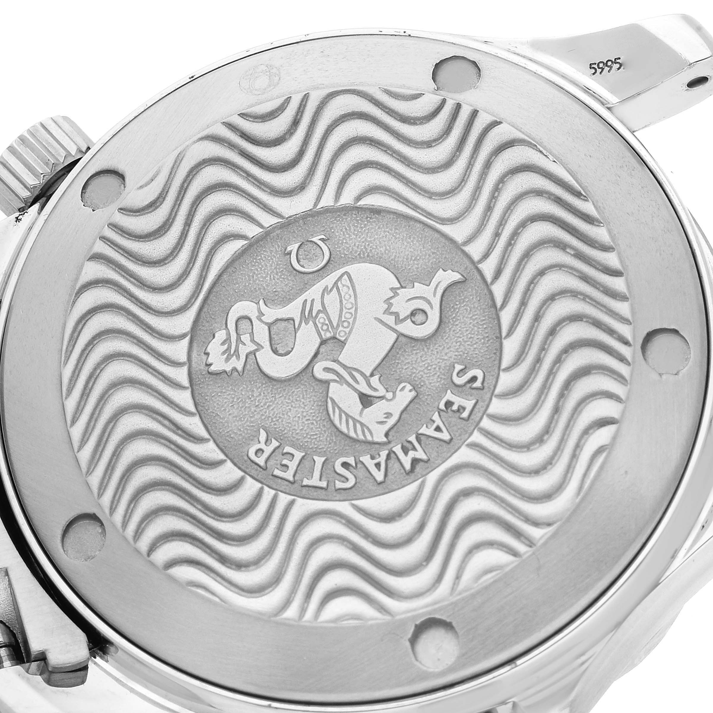 The image shows the engraved case back of an Omega Seamaster 2262.50.00 Men
s Stainless Steel Black Dial 2262.50.00 Men
s Stainless Steel Black Dial watch from a rear angle.