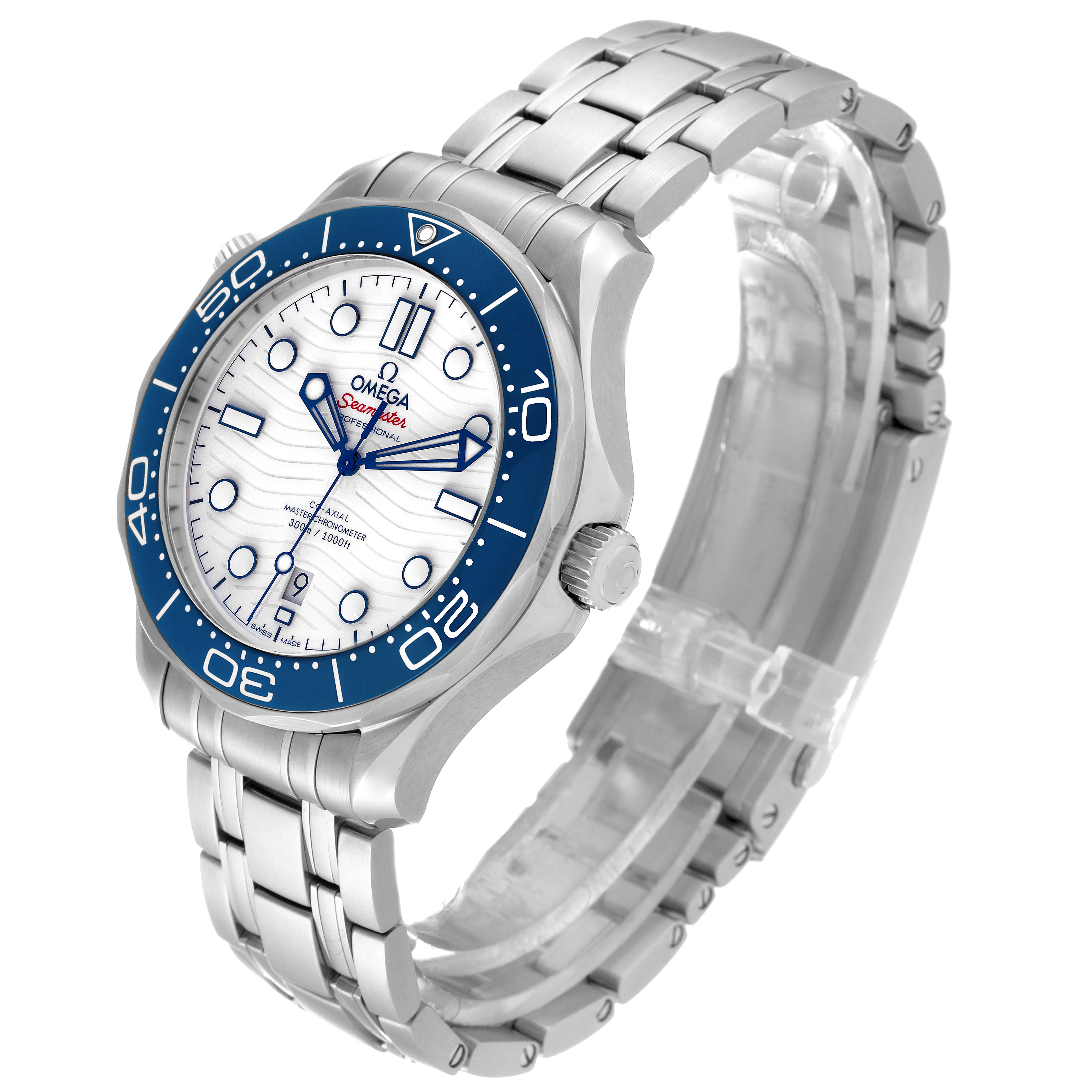 The Omega Seamaster 522.30.42.20.04.001 Men's Stainless Steel White Dial 522.30.42.20.04.001 Men's Stainless Steel White Dial watch is shown at an angle, displaying its blue bezel, white dial, and metal bracelet.