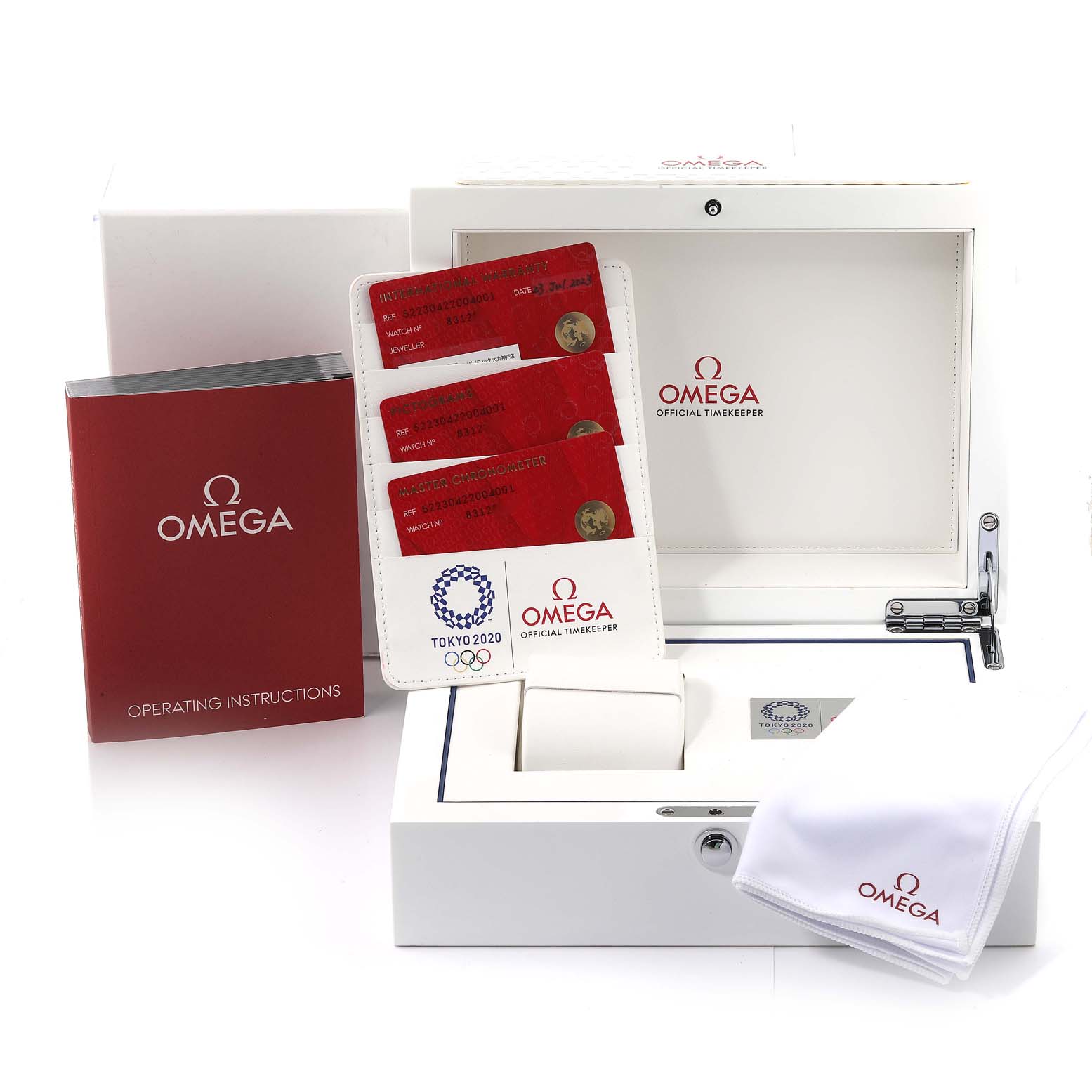 The image shows Omega Seamaster 522.30.42.20.04.001 Men's Stainless Steel White Dial 522.30.42.20.04.001 Men's Stainless Steel White Dial watch accessories including a box, instruction manual, cloth, and cards, viewed from the front.