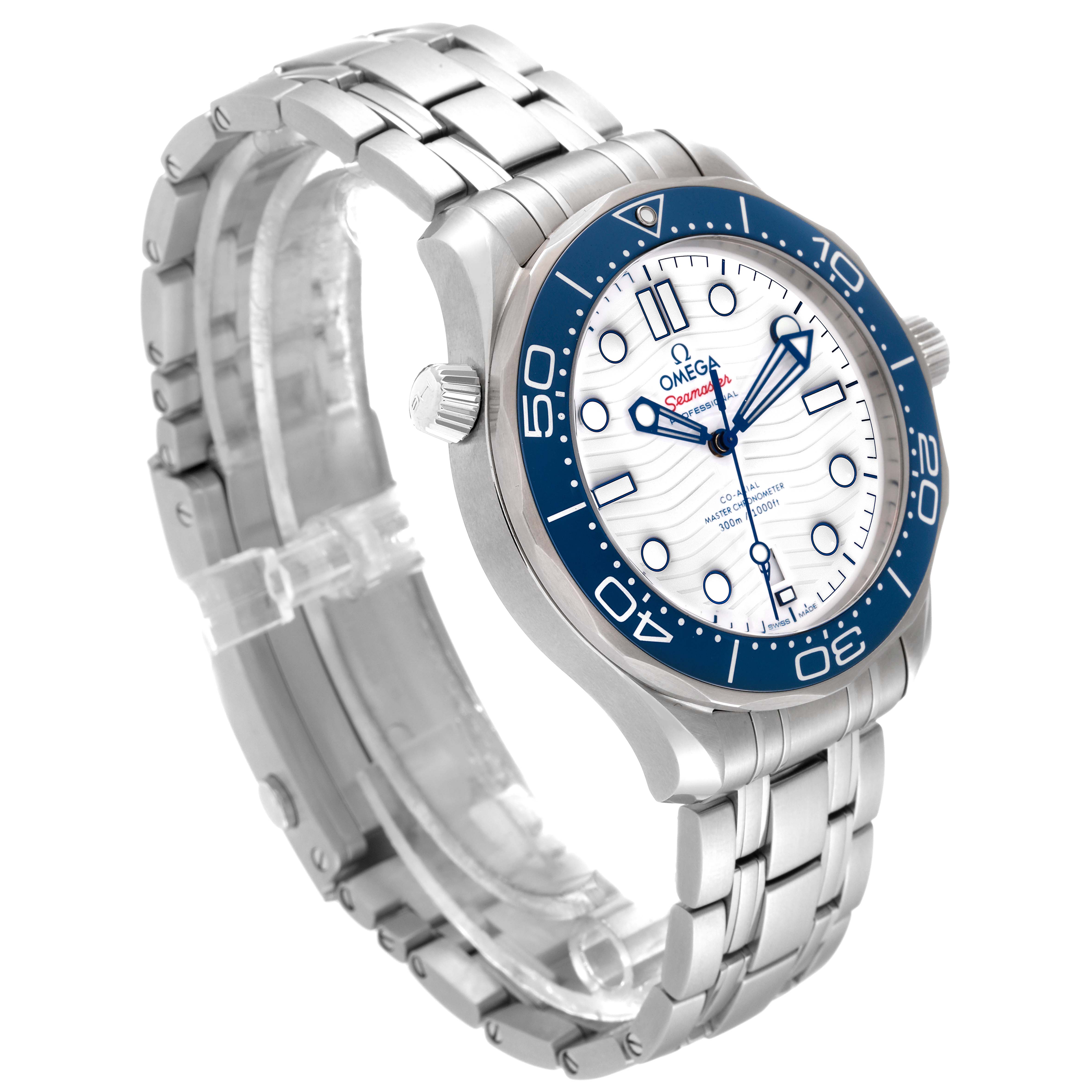 The image shows an Omega Seamaster 522.30.42.20.04.001 Men's Stainless Steel White Dial 522.30.42.20.04.001 Men's Stainless Steel White Dial watch from a three-quarter angle, highlighting the face, bezel, crown, and bracelet.