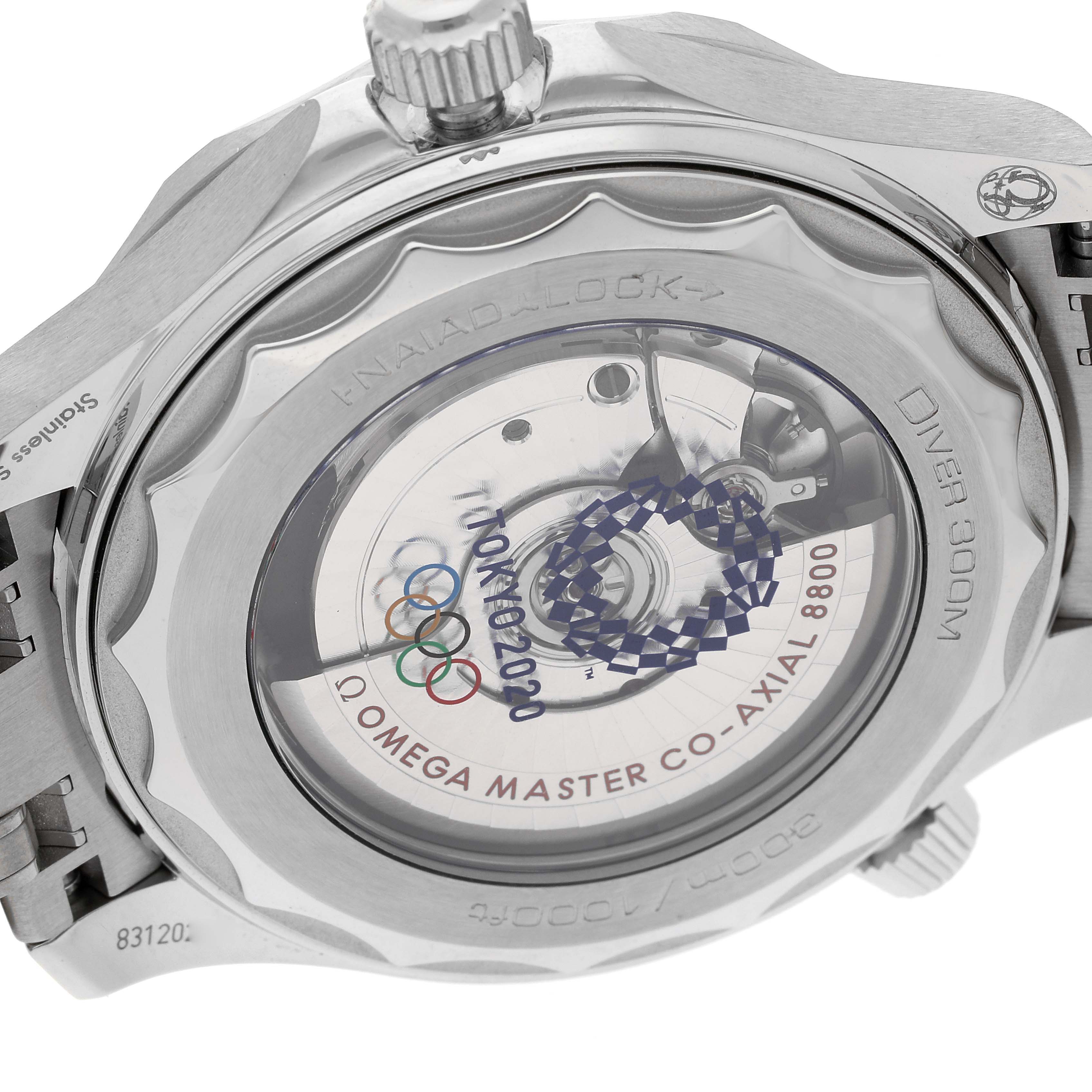 The image shows the back of an Omega Seamaster 522.30.42.20.04.001 Men's Stainless Steel White Dial 522.30.42.20.04.001 Men's Stainless Steel White Dial watch, displaying its transparent case back and visible internal mechanism.