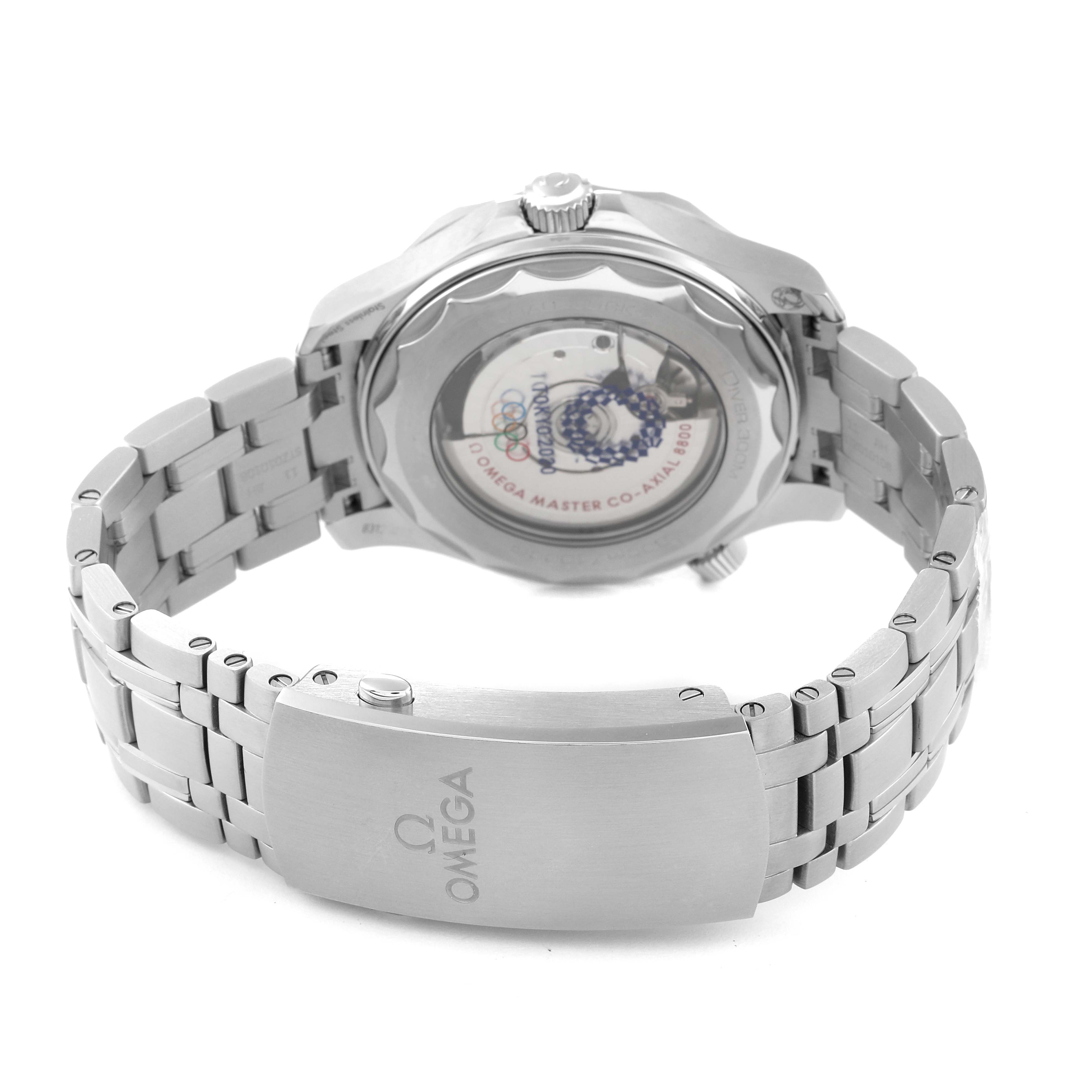 The image shows the back case, crown, and bracelet of an Omega Seamaster 522.30.42.20.04.001 Men's Stainless Steel White Dial 522.30.42.20.04.001 Men's Stainless Steel White Dial watch, highlighting the transparent case back and clasp.