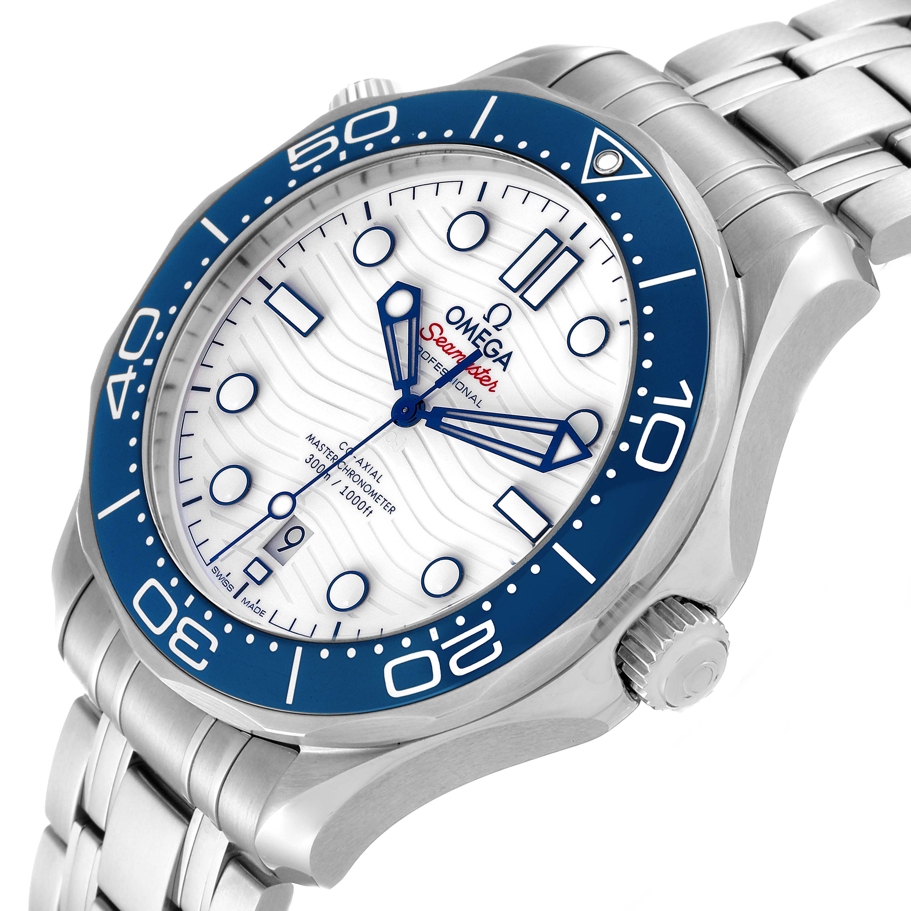 The image shows an angled view of the Omega Seamaster 522.30.42.20.04.001 Men's Stainless Steel White Dial 522.30.42.20.04.001 Men's Stainless Steel White Dial watch, highlighting the face, bezel, crown, and part of the bracelet.