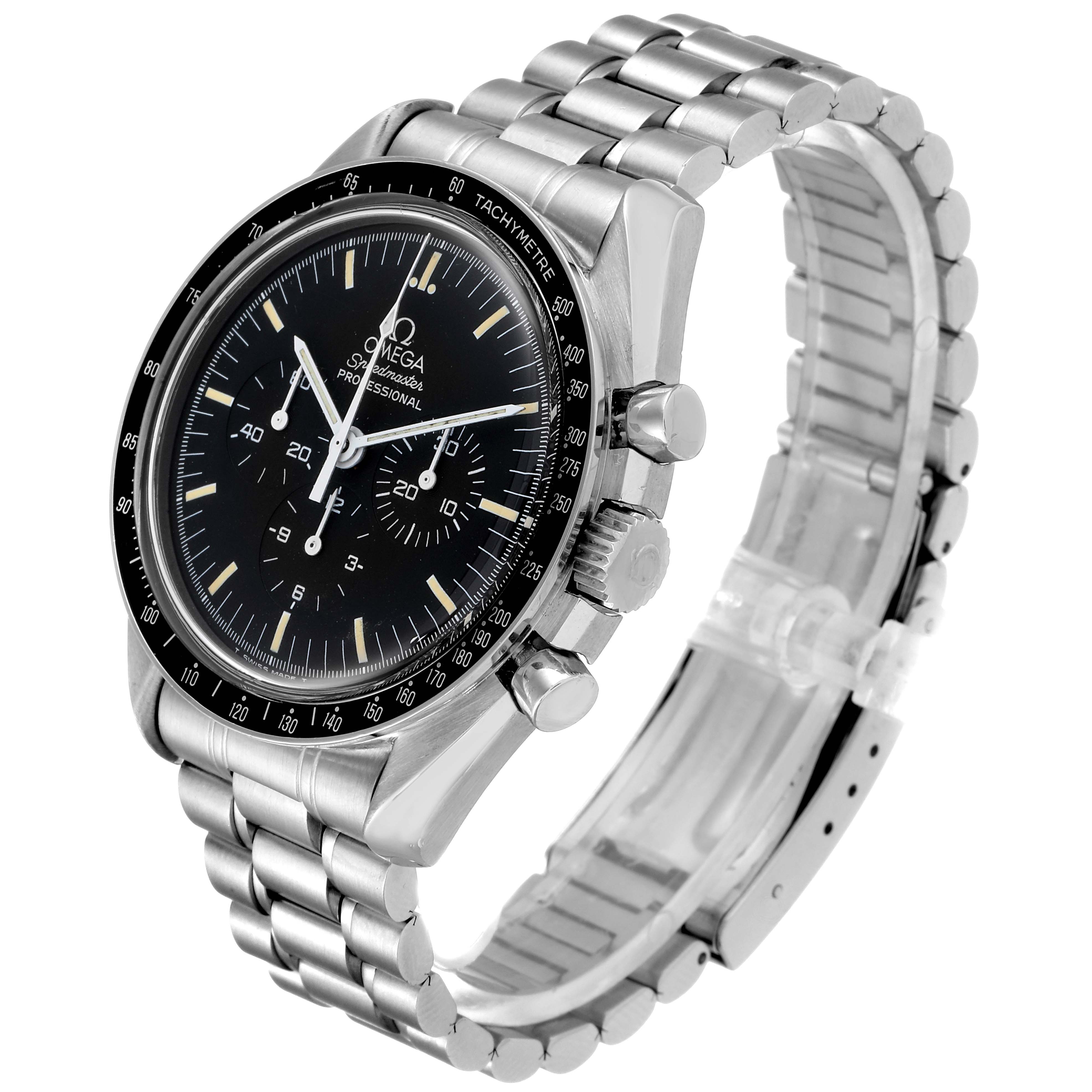 The Omega Speedmaster 3591.50.00 Men
s Stainless Steel Black Dial 3591.50.00 Men
s Stainless Steel Black Dial watch is shown from a front-right angle, highlighting its dial, bezel, buttons, and metal bracelet.