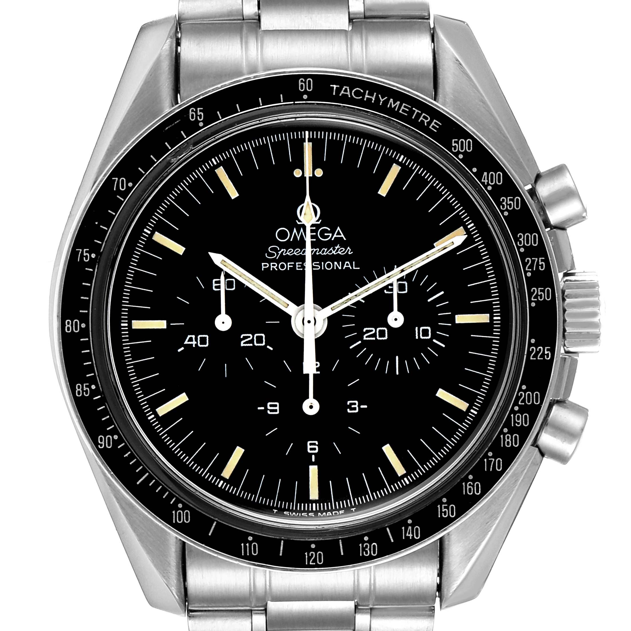 The image shows a frontal view of the Omega Speedmaster 3591.50.00 Men
s Stainless Steel Black Dial 3591.50.00 Men
s Stainless Steel Black Dial, highlighting its black dial, subdials, and tachymeter bezel.