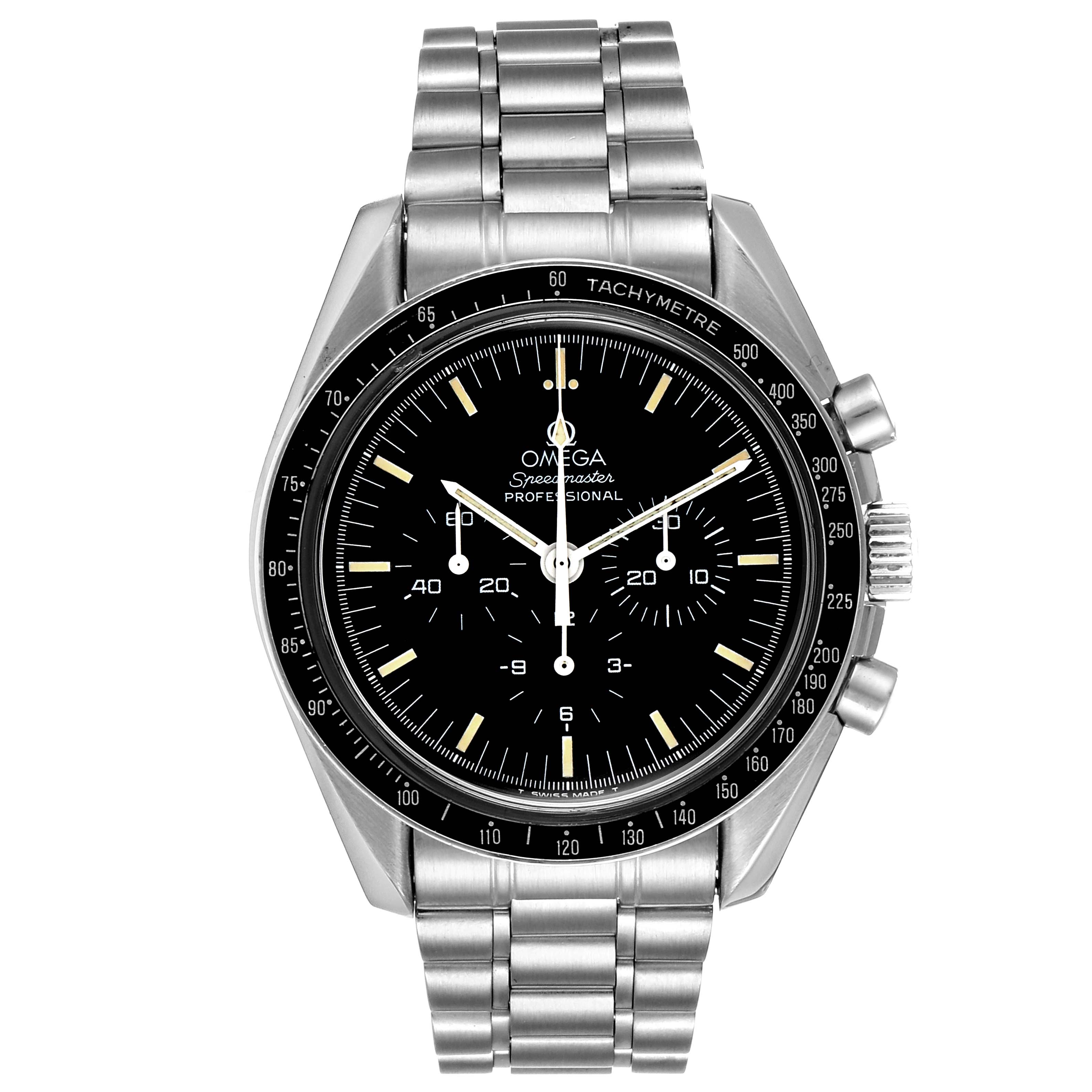 The image shows a front view of an Omega Speedmaster 3591.50.00 Men
s Stainless Steel Black Dial 3591.50.00 Men
s Stainless Steel Black Dial watch, featuring its face, tachymetre bezel, and stainless steel bracelet.
