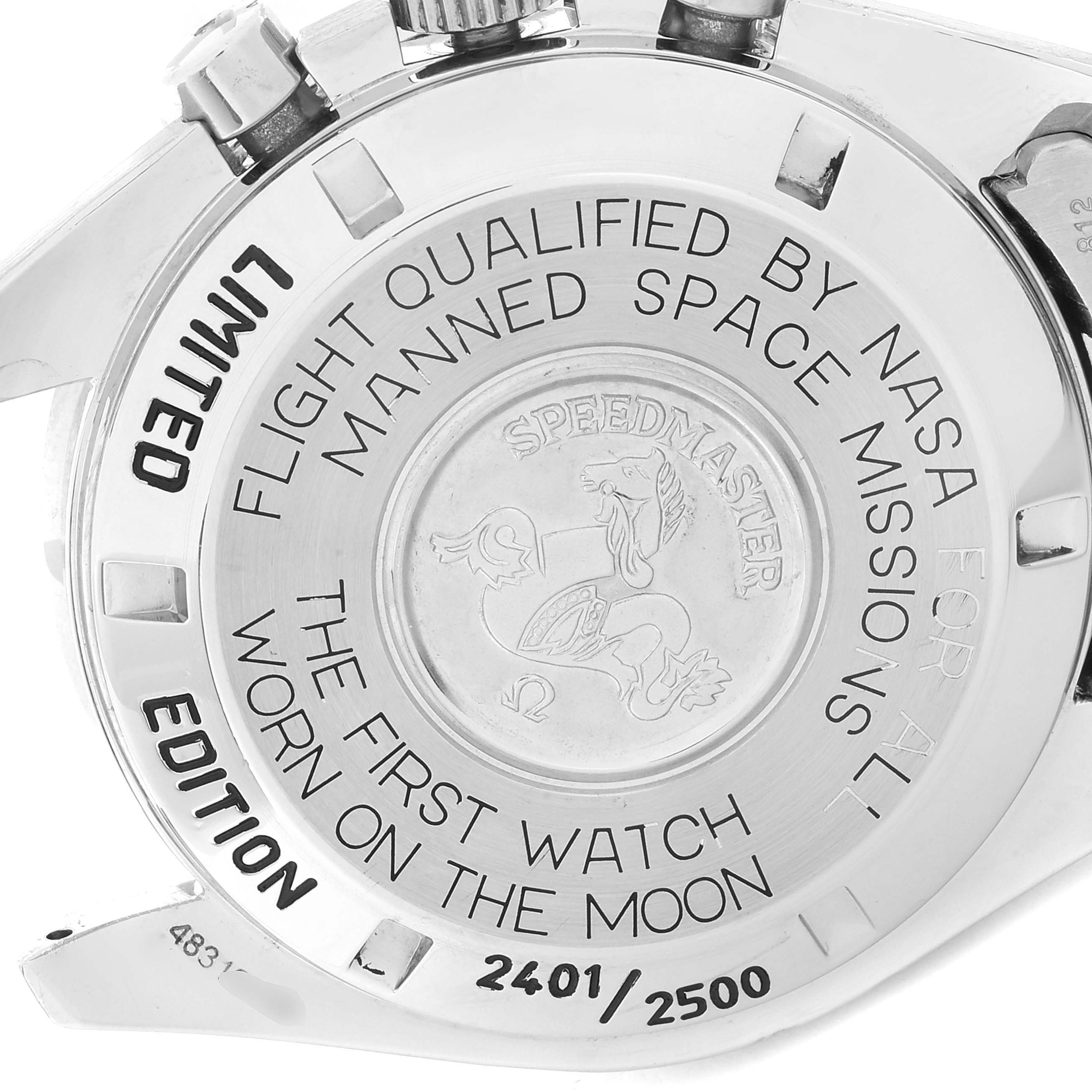 The image shows the back case of a limited edition Omega Speedmaster 3591.50.00 Men
s Stainless Steel Black Dial 3591.50.00 Men
s Stainless Steel Black Dial watch.