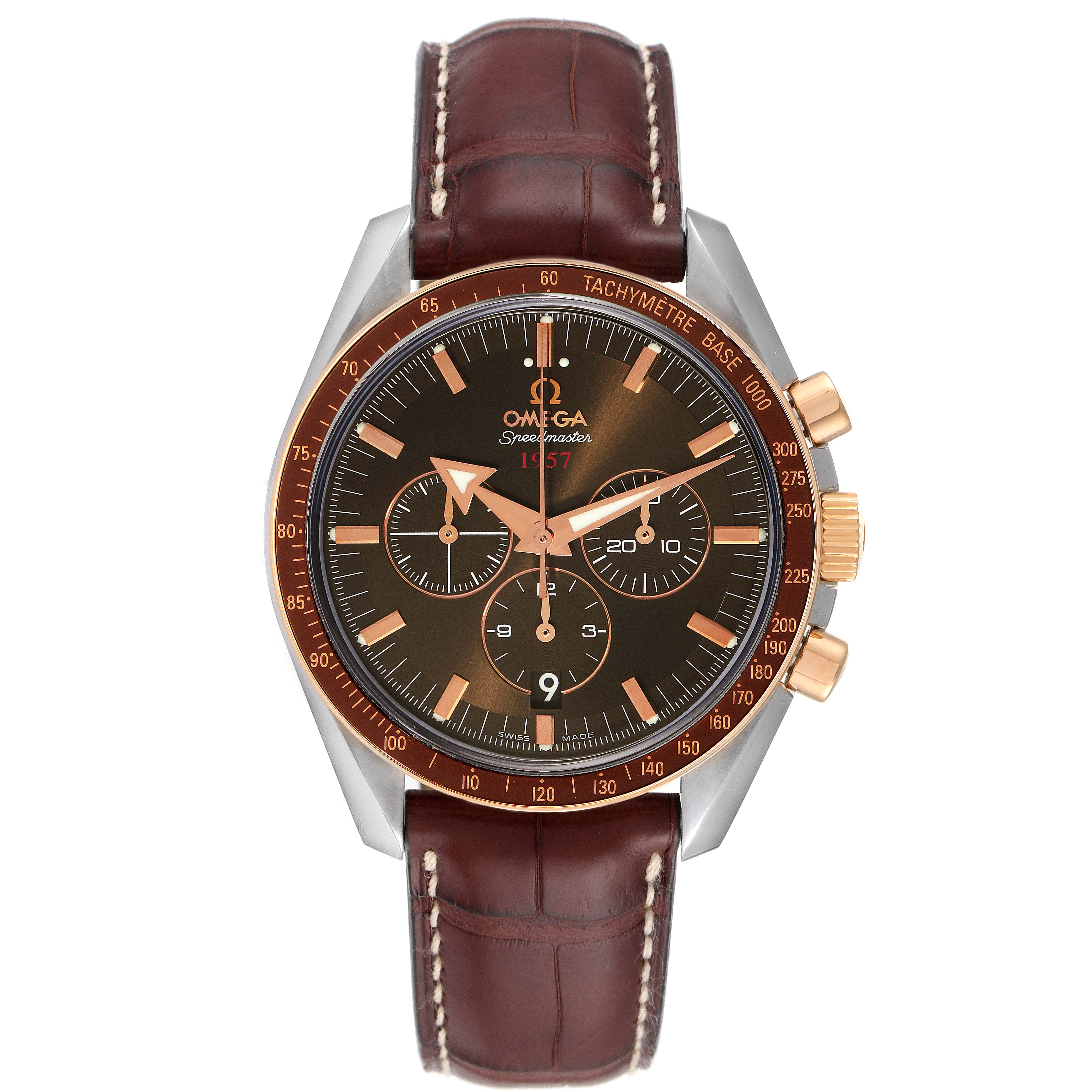 The Omega Speedmaster 321.93.42.50.13.001 Men's Steel and Gold (two tone) Brown Dial 321.93.42.50.13.001 Men's Steel and Gold (two tone) Brown Dial watch is shown from a front angle, displaying its dial, bezel, and leather strap.