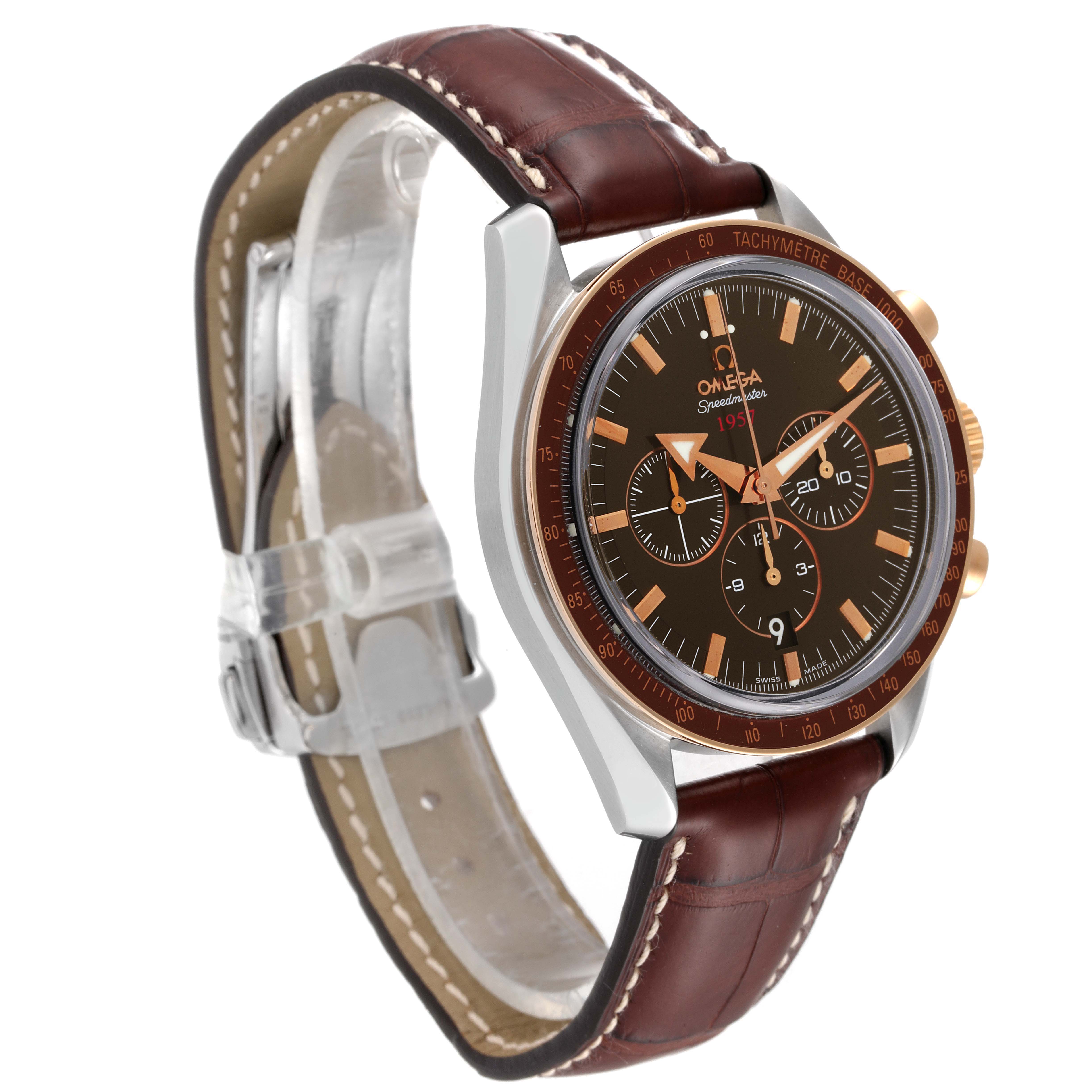 The Omega Speedmaster 321.93.42.50.13.001 Men's Steel and Gold (two tone) Brown Dial 321.93.42.50.13.001 Men's Steel and Gold (two tone) Brown Dial watch is shown at a three-quarter angle, highlighting its face, bezel, crown, and leather strap.