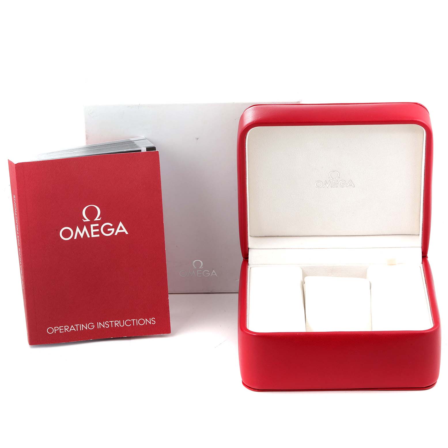 The image shows a red Omega Speedmaster 321.93.42.50.13.001 Men's Steel and Gold (two tone) Brown Dial 321.93.42.50.13.001 Men's Steel and Gold (two tone) Brown Dial watch box, an operating instructions booklet, and an outer white packaging box.