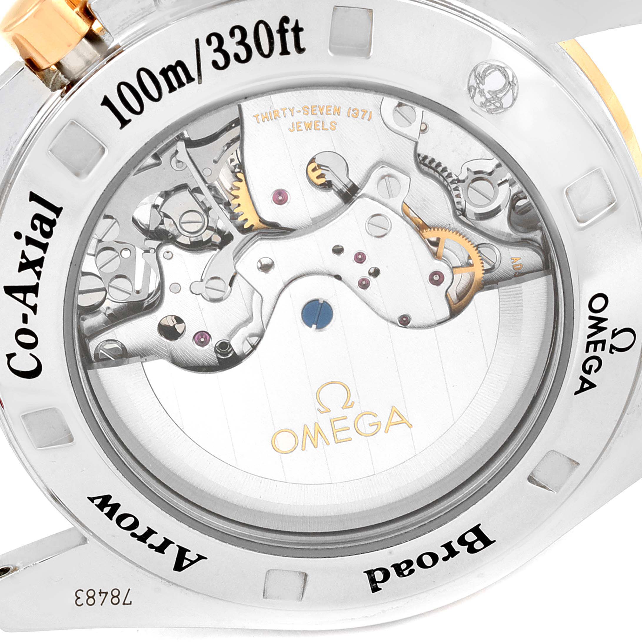 The image shows the back view of the Omega Speedmaster 321.93.42.50.13.001 Men's Steel and Gold (two tone) Brown Dial 321.93.42.50.13.001 Men's Steel and Gold (two tone) Brown Dial watch, highlighting its Co-Axial movement and internal mechanics.