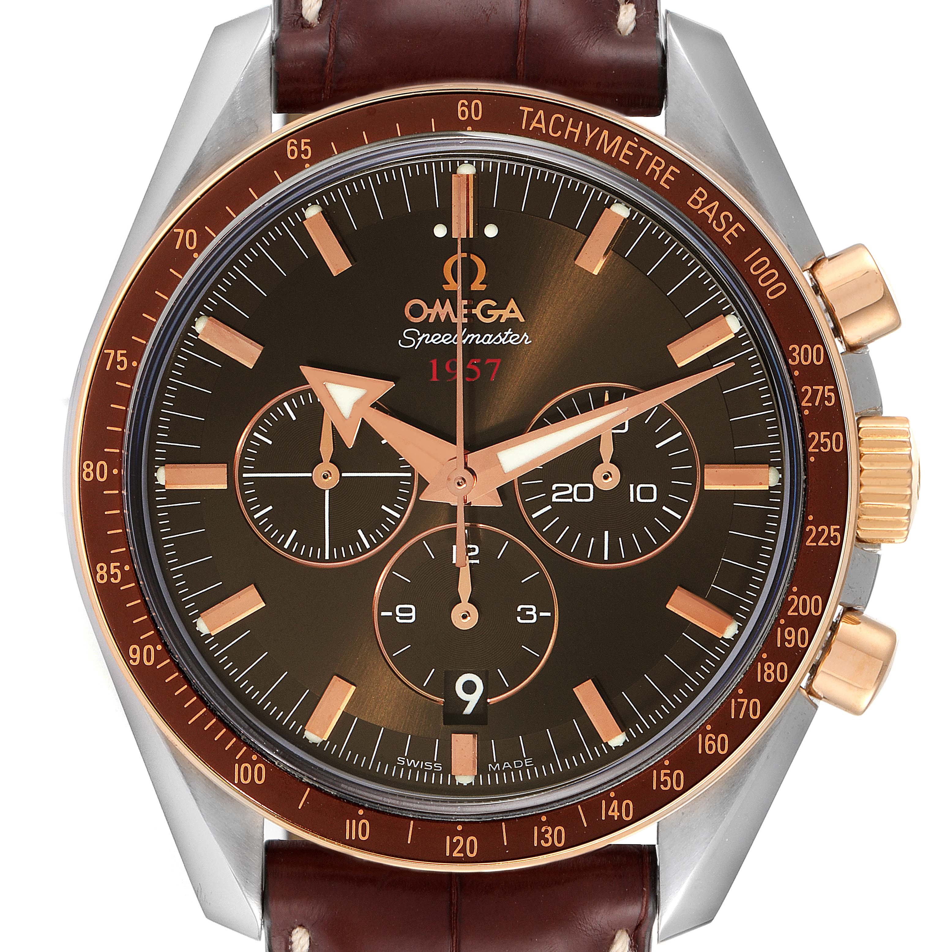 This image shows a close-up, front view of an Omega Speedmaster 321.93.42.50.13.001 Men's Steel and Gold (two tone) Brown Dial 321.93.42.50.13.001 Men's Steel and Gold (two tone) Brown Dial watch, highlighting the dial, subdials, and tachymeter bezel.