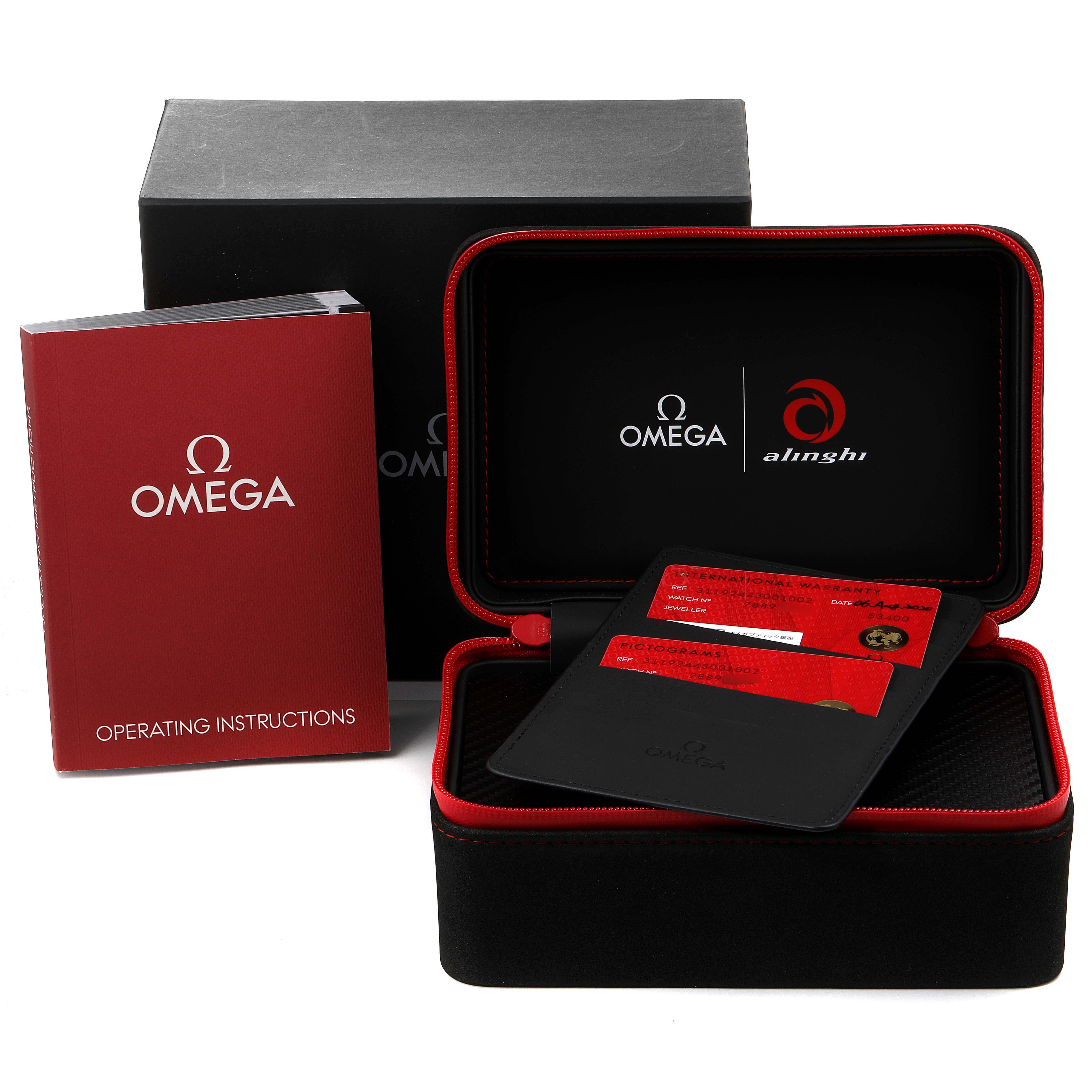 This image shows the packaging and accessories for an Omega Speedmaster 311.92.44.30.01.002 Men's Ceramic Black Dial 311.92.44.30.01.002 Men's Ceramic Black Dial, including a black and red watch box, operating instructions, and warranty cards.