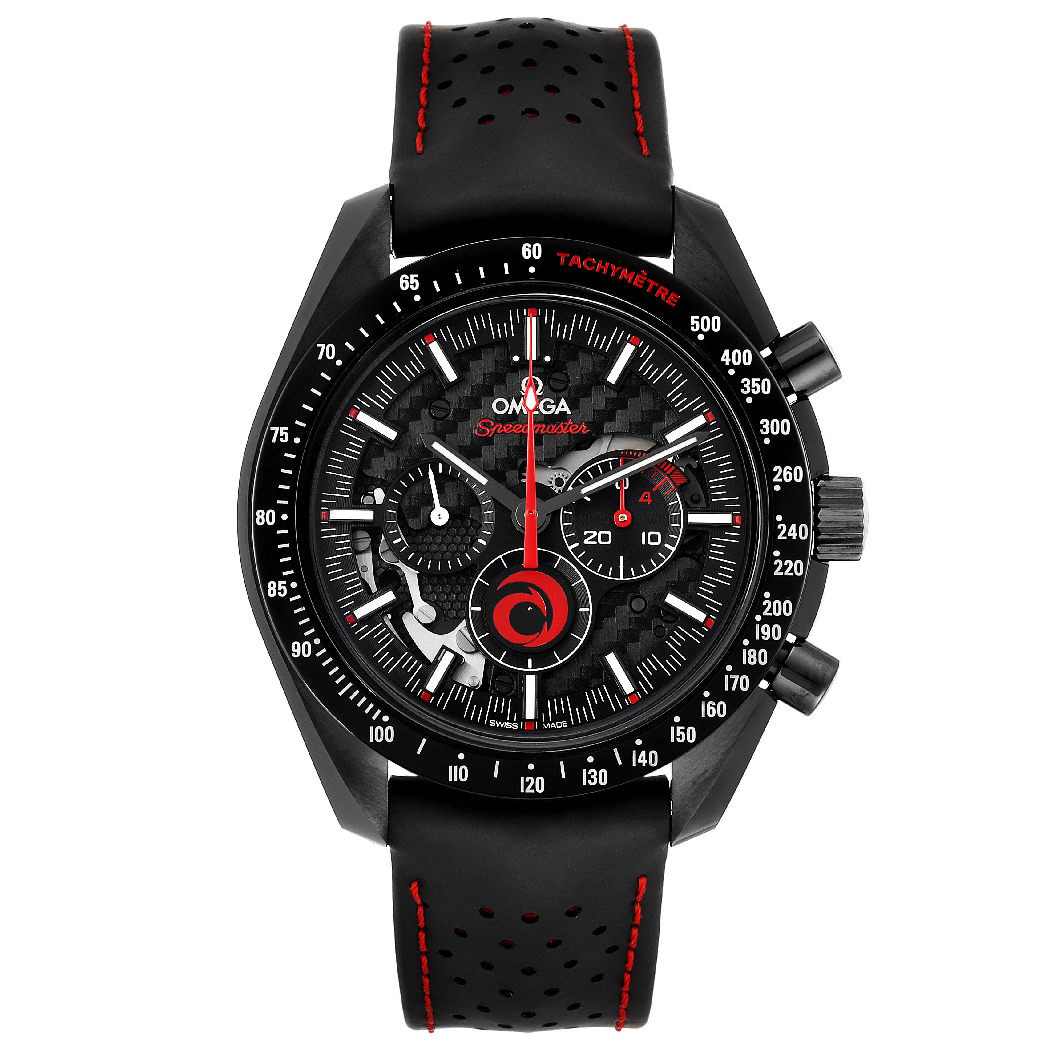 The image shows a frontal view of an Omega Speedmaster 311.92.44.30.01.002 Men's Ceramic Black Dial 311.92.44.30.01.002 Men's Ceramic Black Dial watch, highlighting the black and red detailing with a tachymeter bezel.