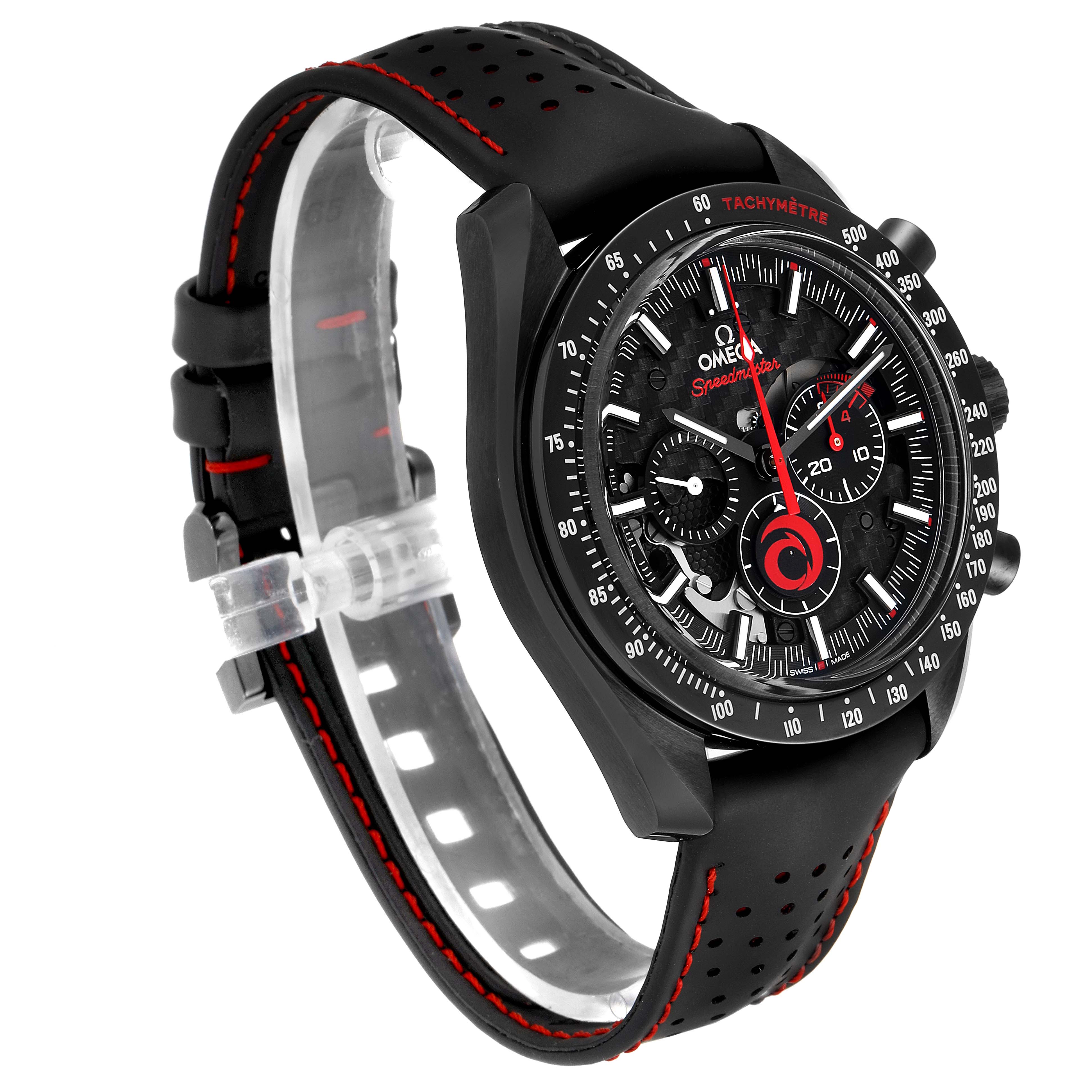 This image shows an Omega Speedmaster 311.92.44.30.01.002 Men's Ceramic Black Dial 311.92.44.30.01.002 Men's Ceramic Black Dial watch at a three-quarter angle, highlighting the dial, tachymeter bezel, and black strap with red stitching.