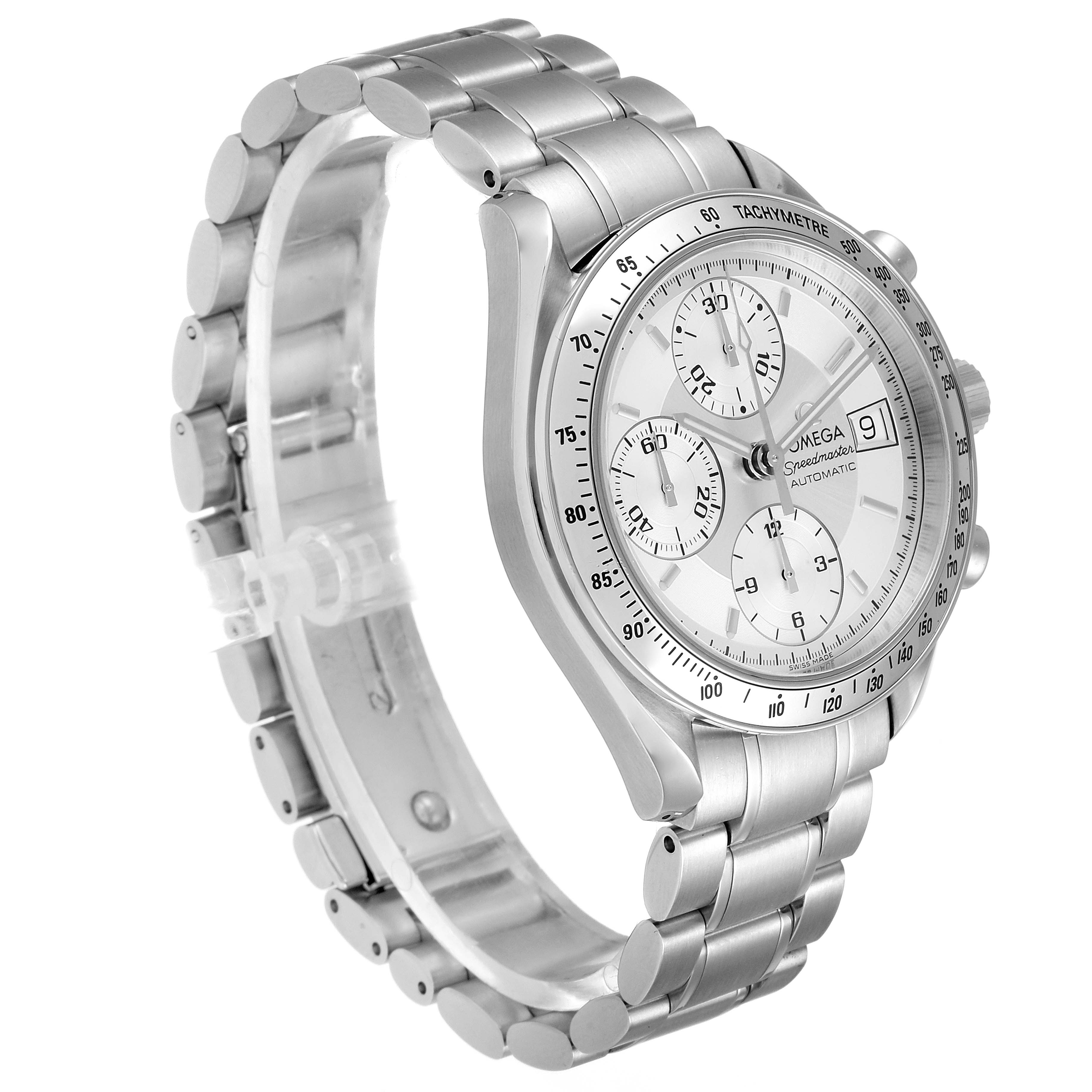 The image shows an Omega Speedmaster 3513.30.00 Men's Stainless Steel Silver Dial 3513.30.00 Men's Stainless Steel Silver Dial watch at a slight side angle, highlighting its bracelet, case, bezel, and dial.