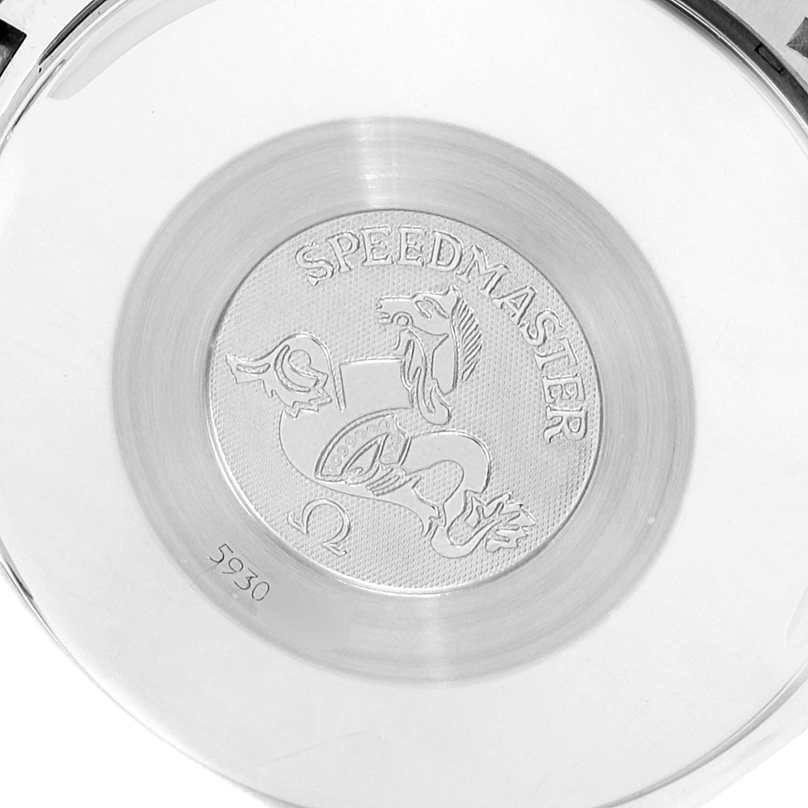 The image shows the back case of an Omega Speedmaster 3513.30.00 Men's Stainless Steel Silver Dial 3513.30.00 Men's Stainless Steel Silver Dial watch featuring its emblem and the number 5930.
