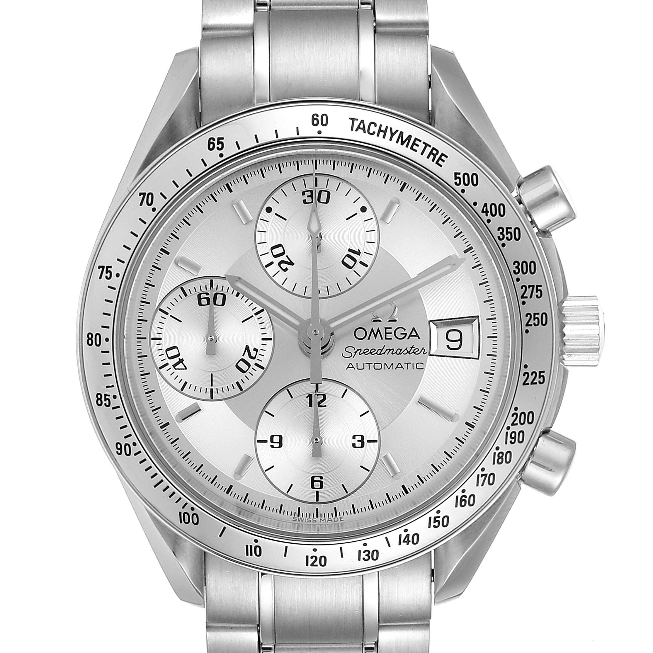 The image shows a front view of the Omega Speedmaster 3513.30.00 Men's Stainless Steel Silver Dial 3513.30.00 Men's Stainless Steel Silver Dial watch, highlighting its dial, sub-dials, tachymeter bezel, crown, and stainless steel bracelet.