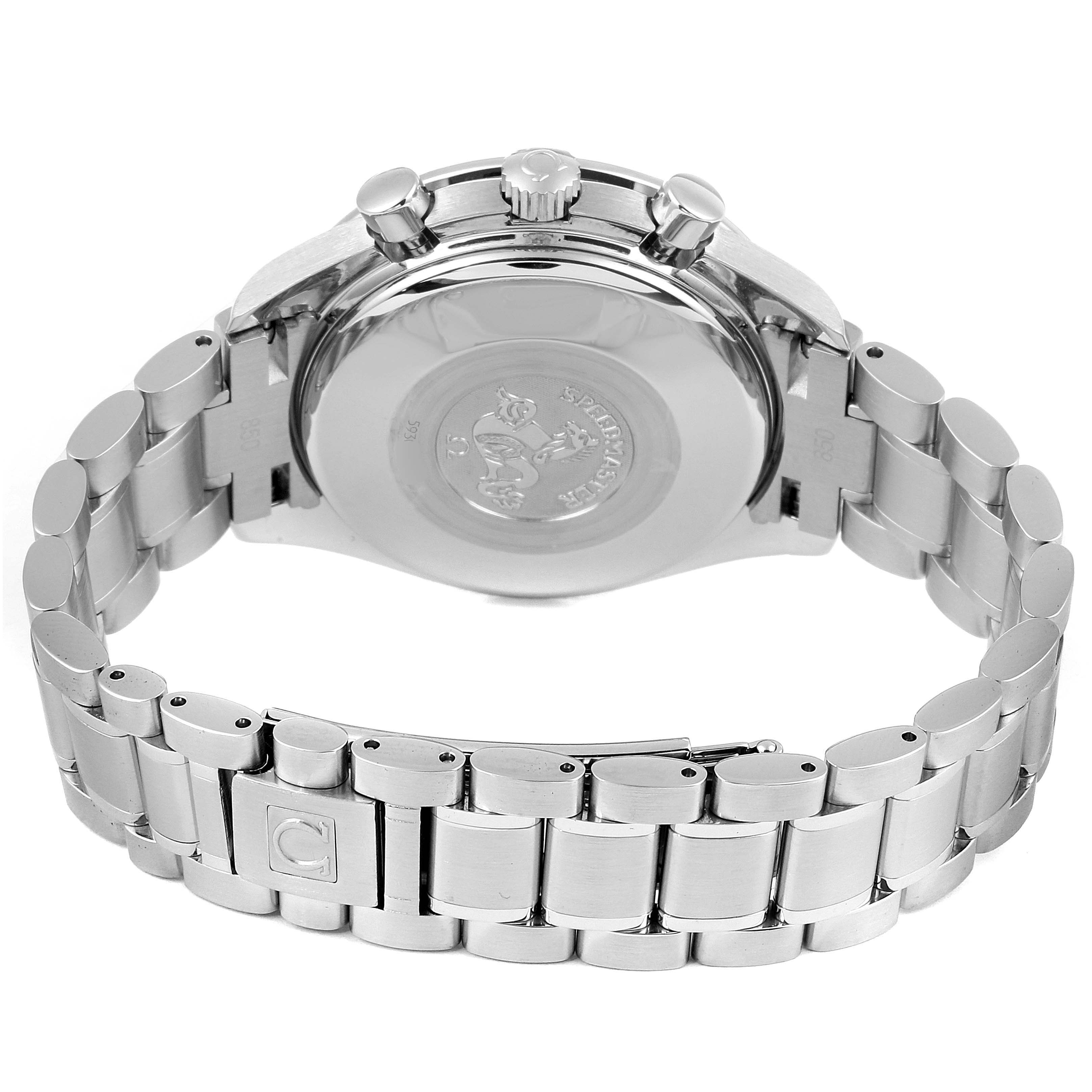 The image shows the back and bracelet of an Omega Speedmaster 3513.30.00 Men's Stainless Steel Silver Dial 3513.30.00 Men's Stainless Steel Silver Dial watch, highlighting the case back and clasp.