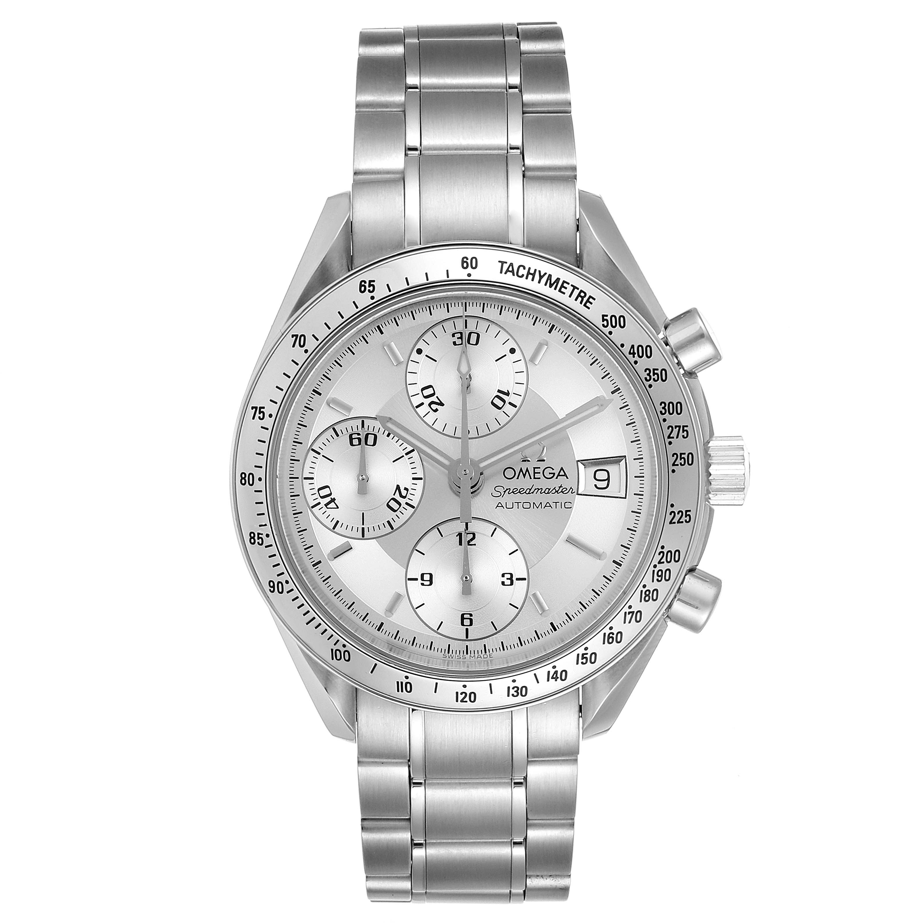 The Omega Speedmaster 3513.30.00 Men's Stainless Steel Silver Dial 3513.30.00 Men's Stainless Steel Silver Dial watch is shown from a front angle, displaying the face, chronograph dials, bracelet, and buttons.
