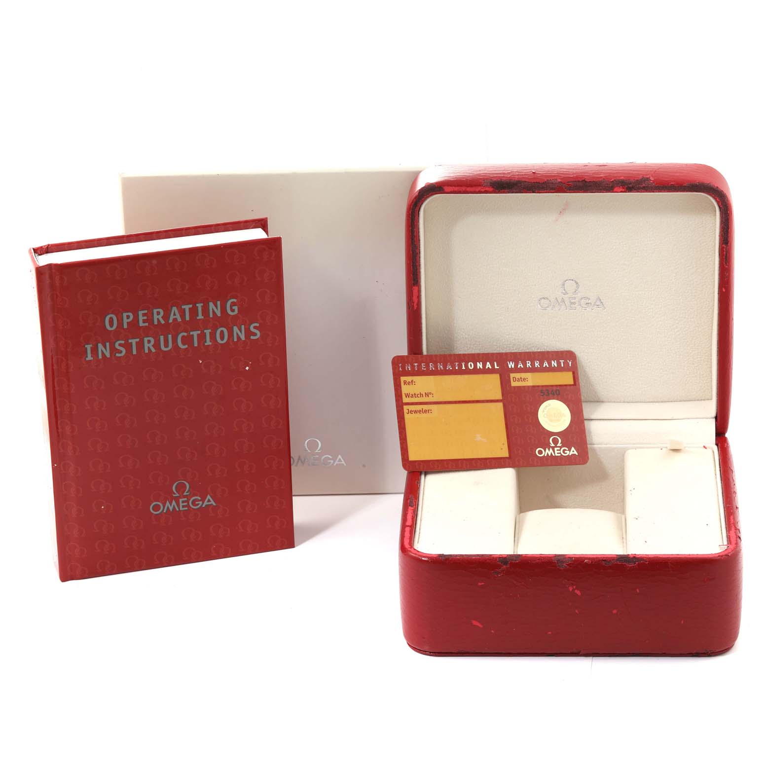 The image shows the Omega Speedmaster 3520.50.00 Men's Stainless Steel Black Dial 3520.50.00 Men's Stainless Steel Black Dial watch's red storage box, international warranty card, and operating instructions.