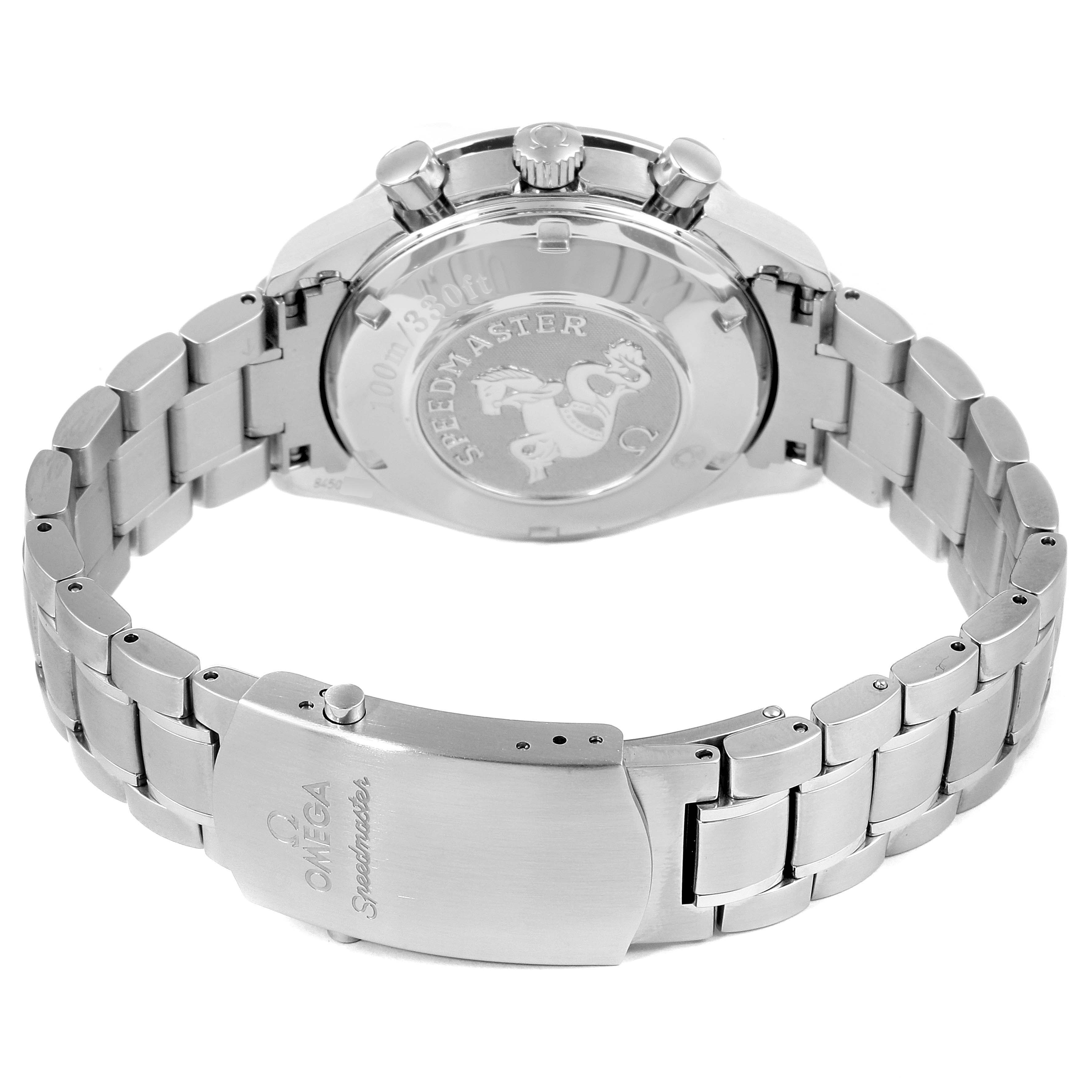 The image shows the back and clasp of an Omega Speedmaster 3220.50.00 Men
s Stainless Steel Black Dial 3220.50.00 Men
s Stainless Steel Black Dial watch, emphasizing the engraved case back and metal bracelet.