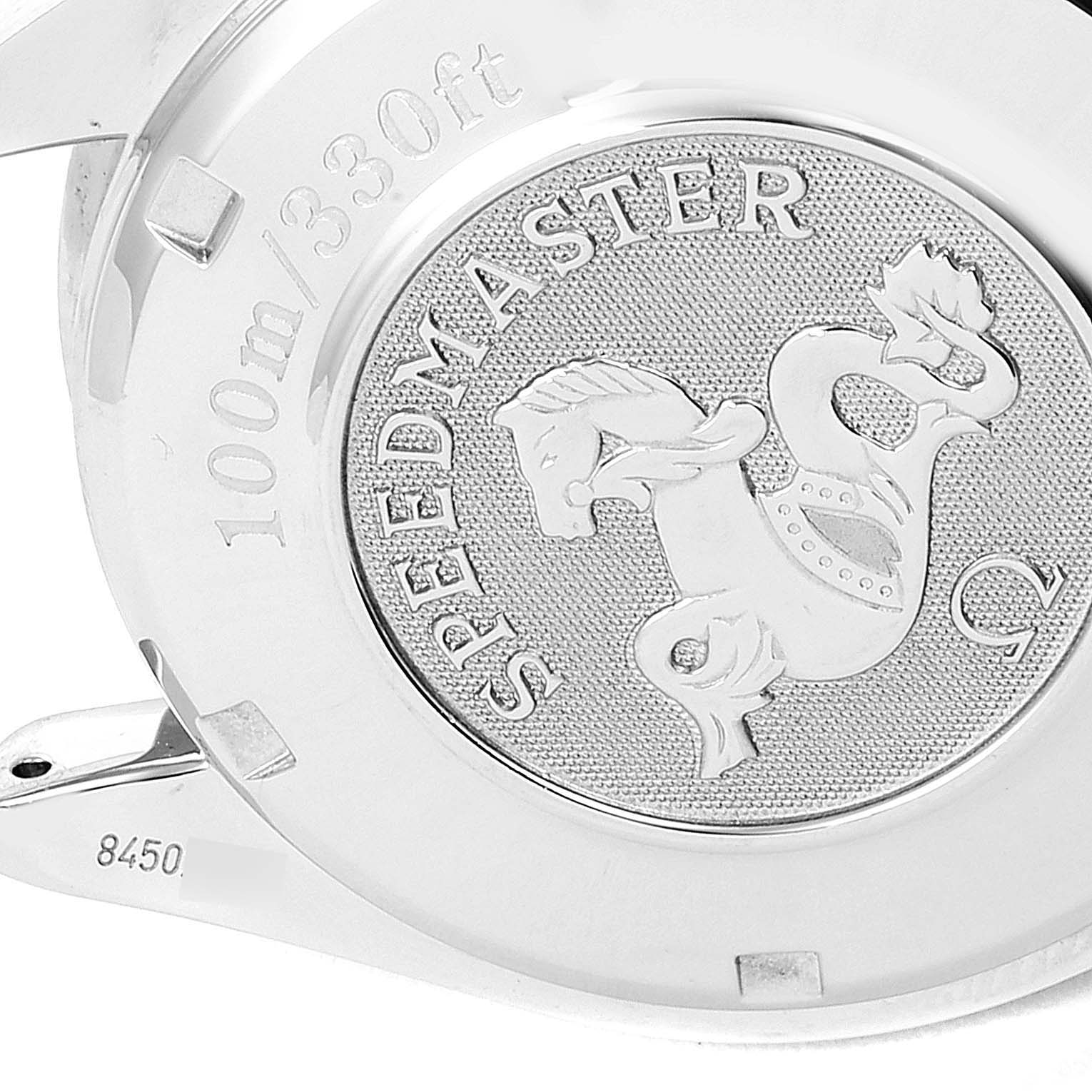 The image shows the case back of an Omega Speedmaster 3220.50.00 Men
s Stainless Steel Black Dial 3220.50.00 Men
s Stainless Steel Black Dial watch, featuring an engraving and water resistance detail.